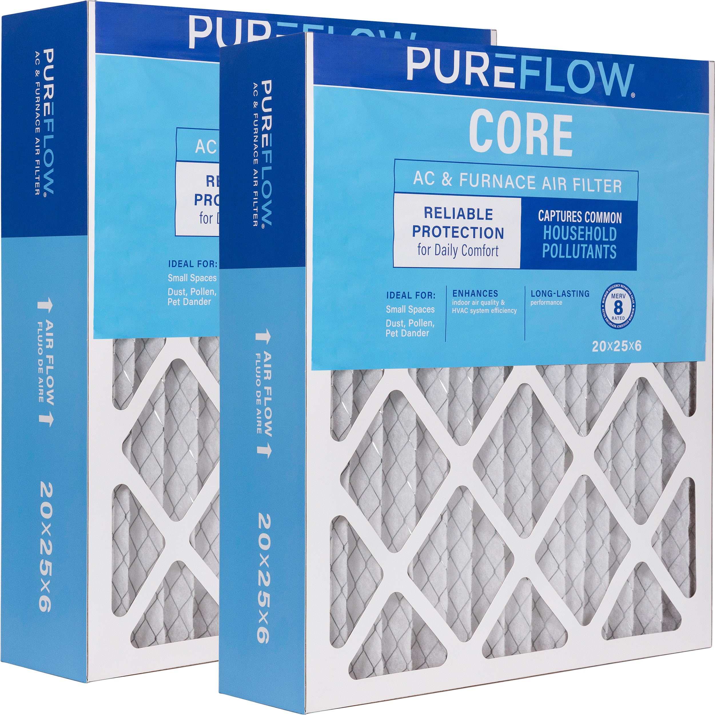 PUREFLOW Home Air Filter MERV 8, 20x25x6 Furnace Filter, 4 Layer High Efficiency Filtration for Dust, Smoke, Fumes, Pollutants (2 - Pack)