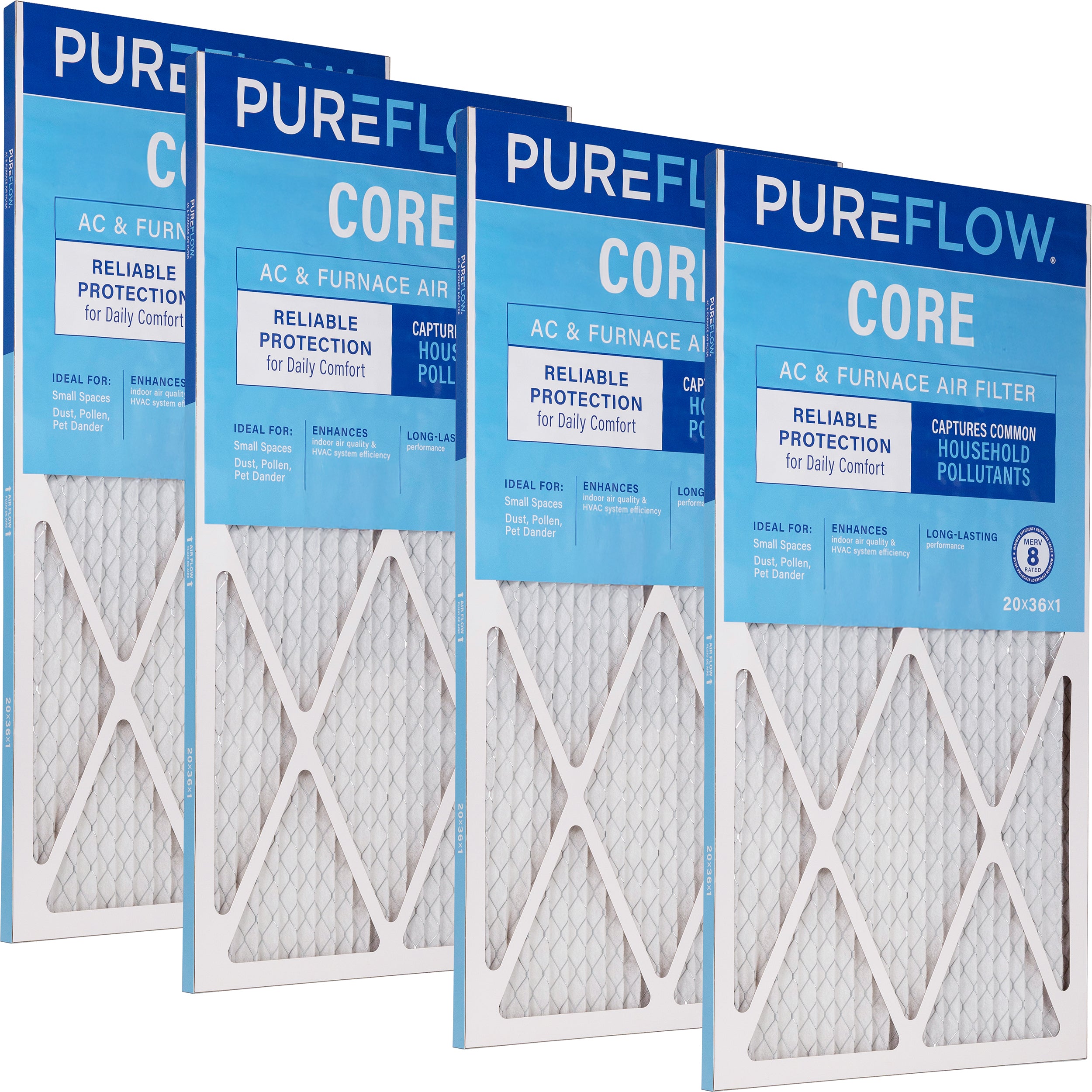 PUREFLOW Home Air Filter MERV 8, 20x36x1 Furnace Filter, 4 Layer High Efficiency Filtration for Dust, Smoke, Fumes, Pollutants (4 - Pack)