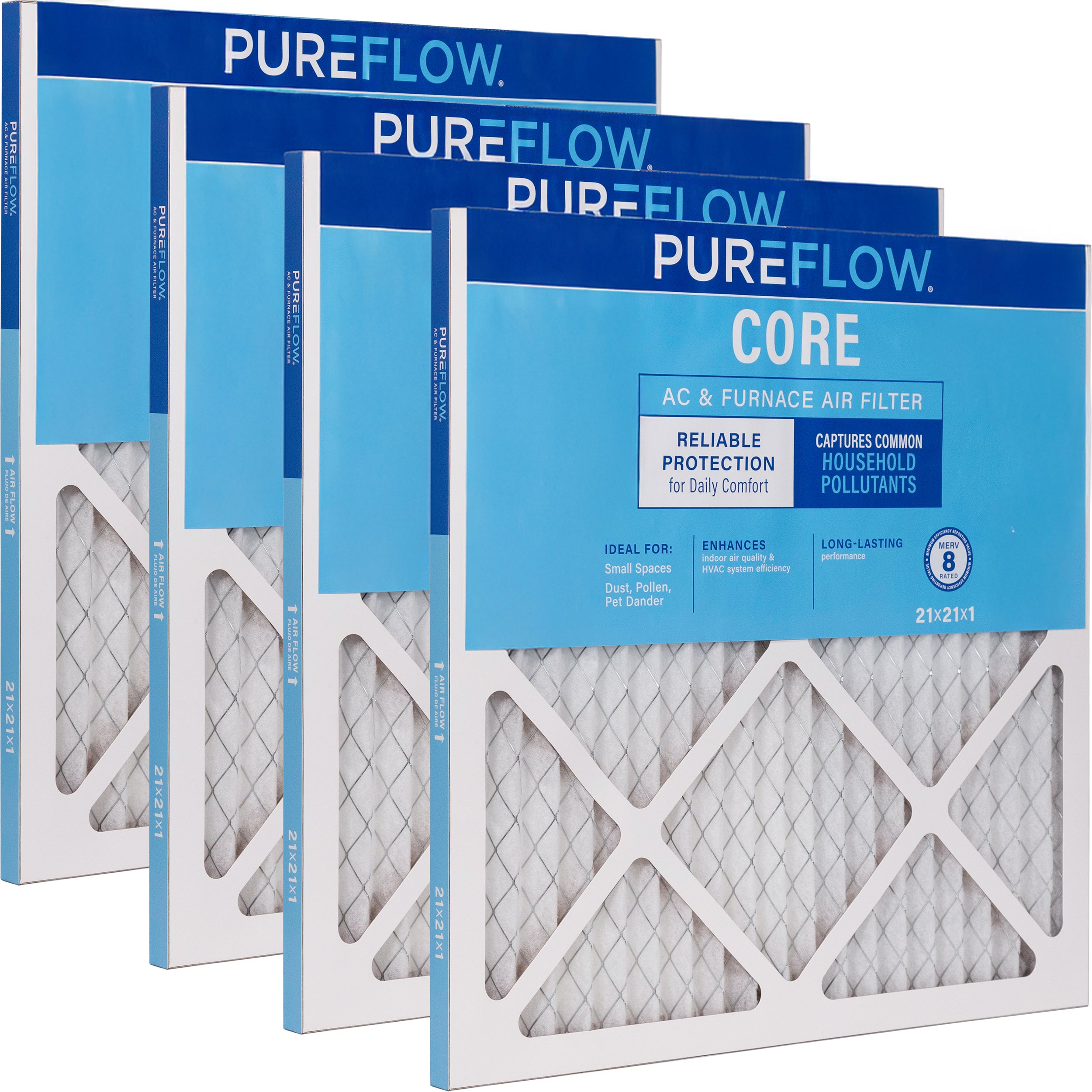 PUREFLOW Home Air Filter MERV 8, 21x21x1 Furnace Filter, 4 Layer High Efficiency Filtration for Dust, Smoke, Fumes, Pollutants (4 - Pack)