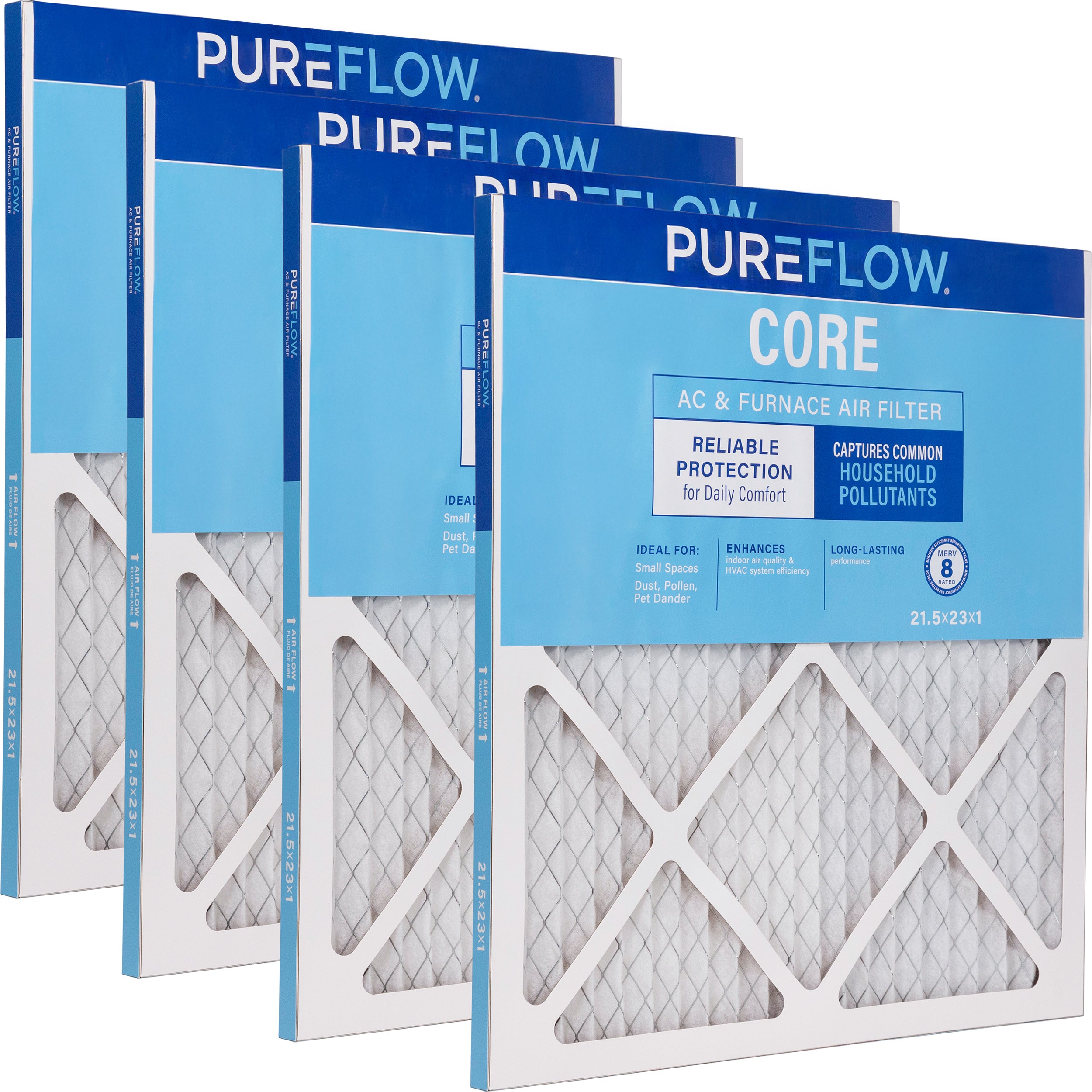 PUREFLOW Home Air Filter MERV 8, 21.5x23x1 Furnace Filter, 4 Layer High Efficiency Filtration for Dust, Smoke, Fumes, Pollutants (4 - Pack)