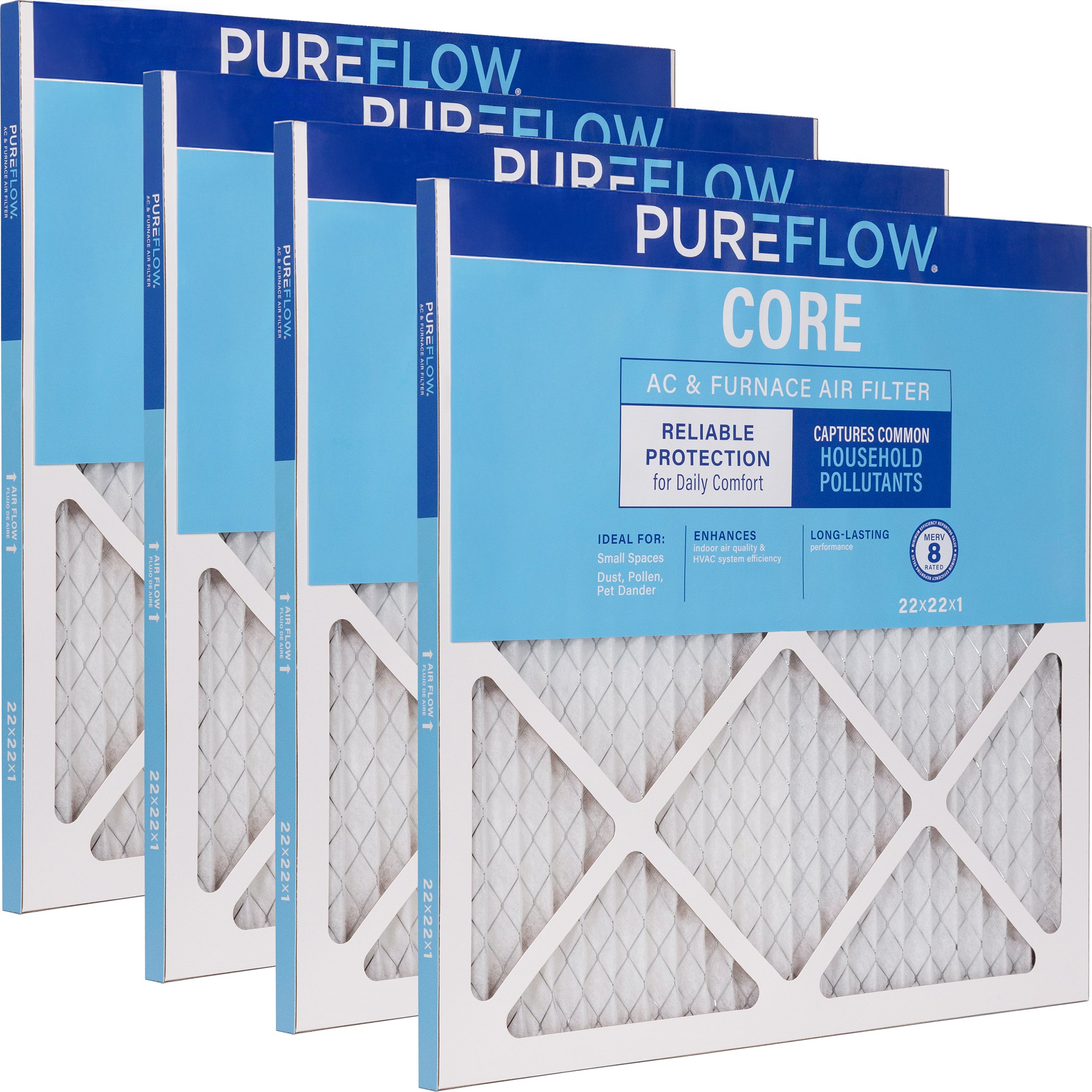 PUREFLOW Home Air Filter MERV 8, 22x22x1 Furnace Filter, 4 Layer High Efficiency Filtration for Dust, Smoke, Fumes, Pollutants (4 - Pack)