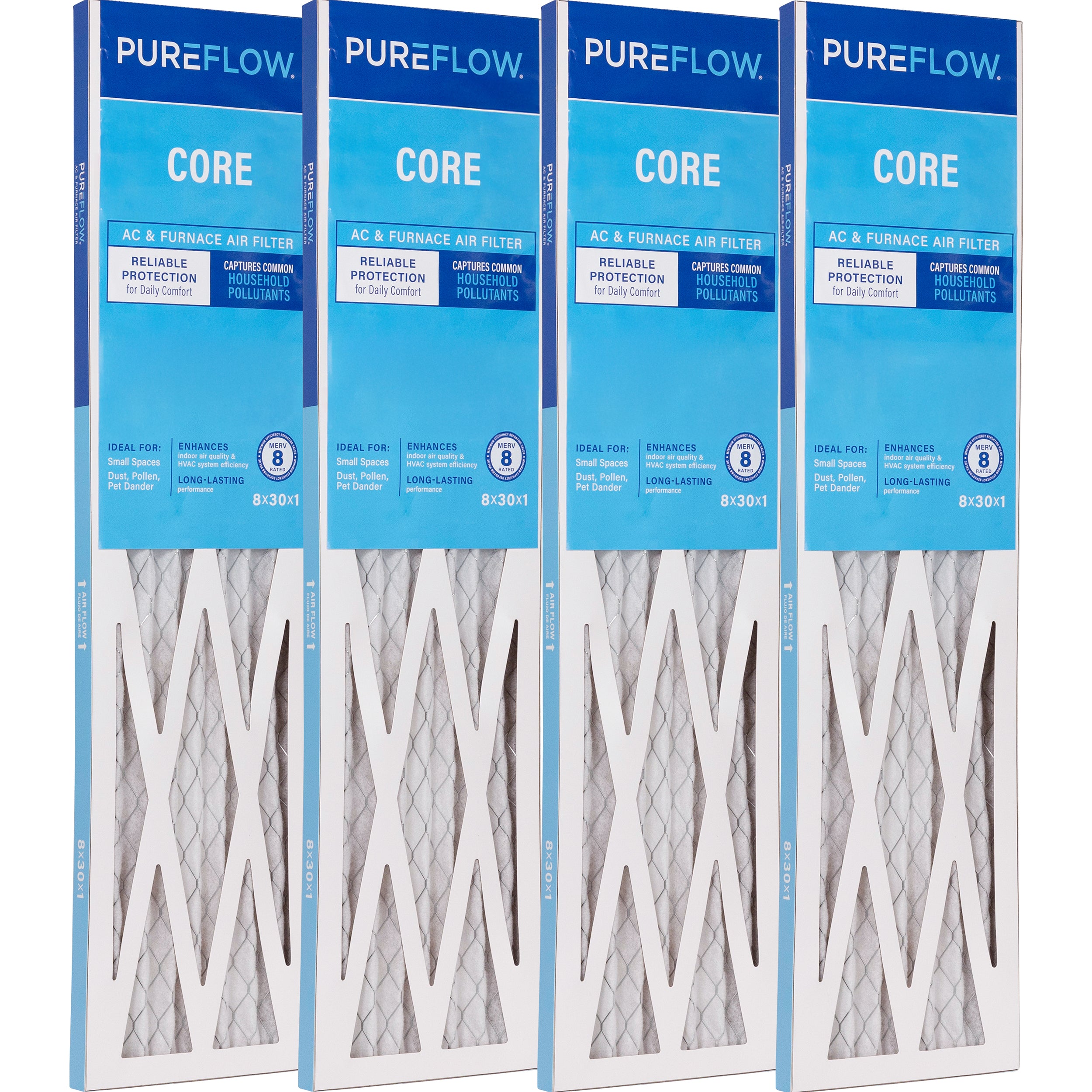 PUREFLOW Home Air Filter MERV 8, 8x30x1 Furnace Filter, 4 Layer High Efficiency Filtration for Dust, Smoke, Fumes, Pollutants (4 - Pack)
