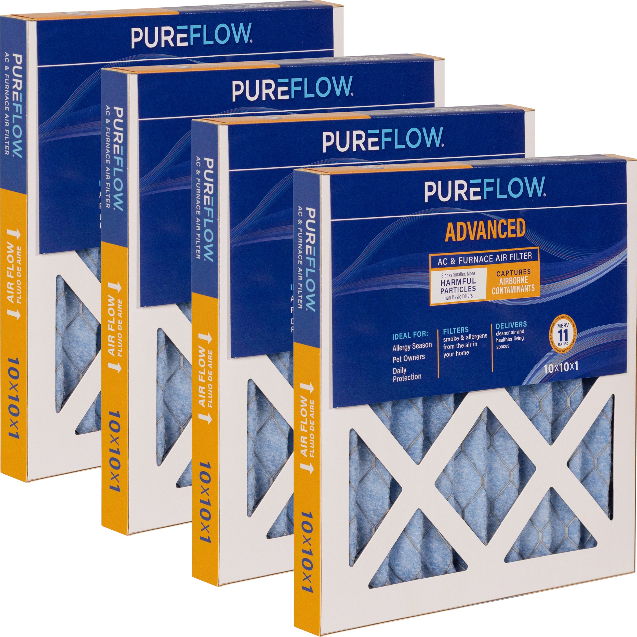 PUREFLOW Home Air Filter MERV 11, 10x10x1 Furnace Filter, 4 Layer High Efficiency Filtration for Dust, Smoke, Fumes, Pollutants (4 - Pack)