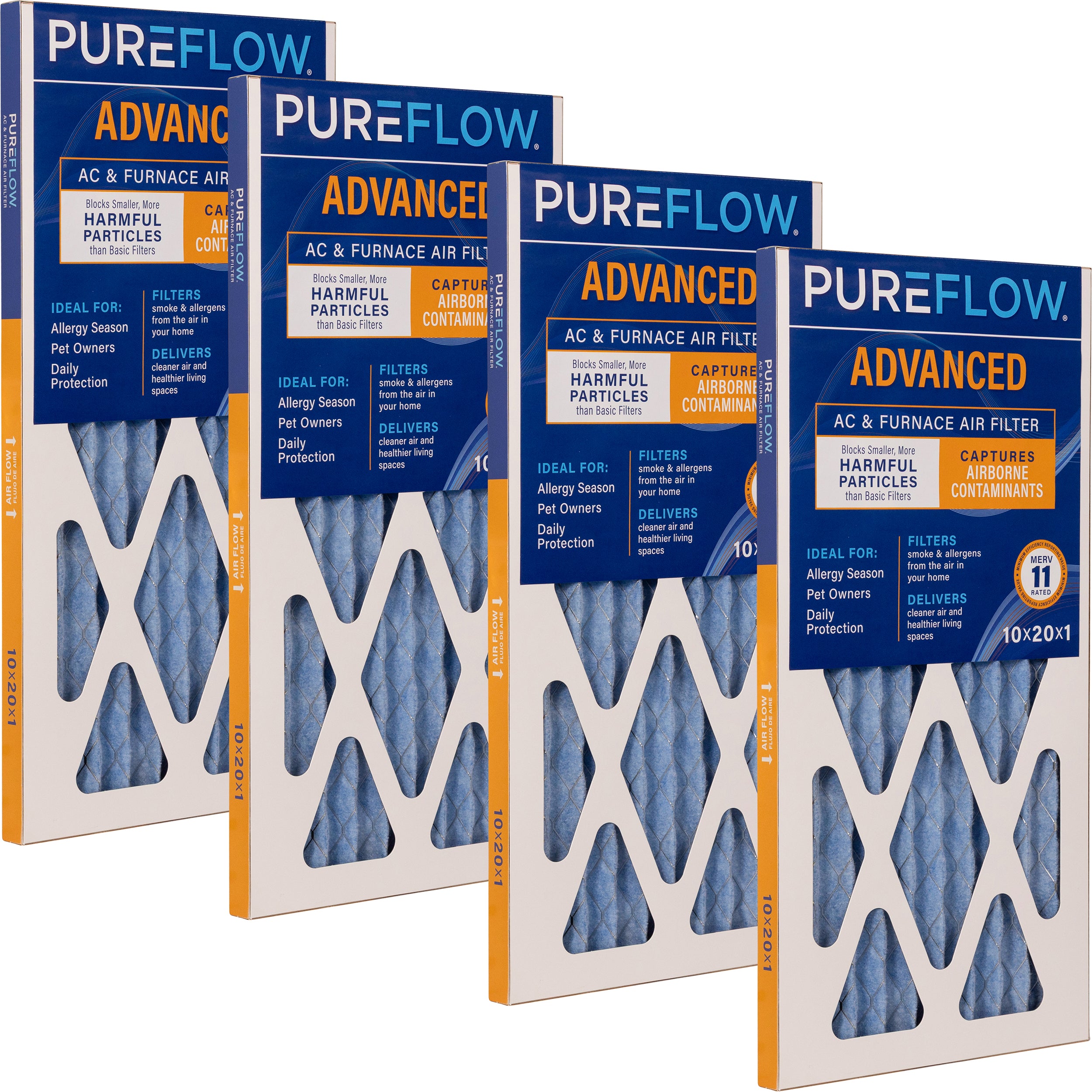 PUREFLOW Home Air Filter MERV 11, 10x20x1 Furnace Filter, 4 Layer High Efficiency Filtration for Dust, Smoke, Fumes, Pollutants (4 - Pack)