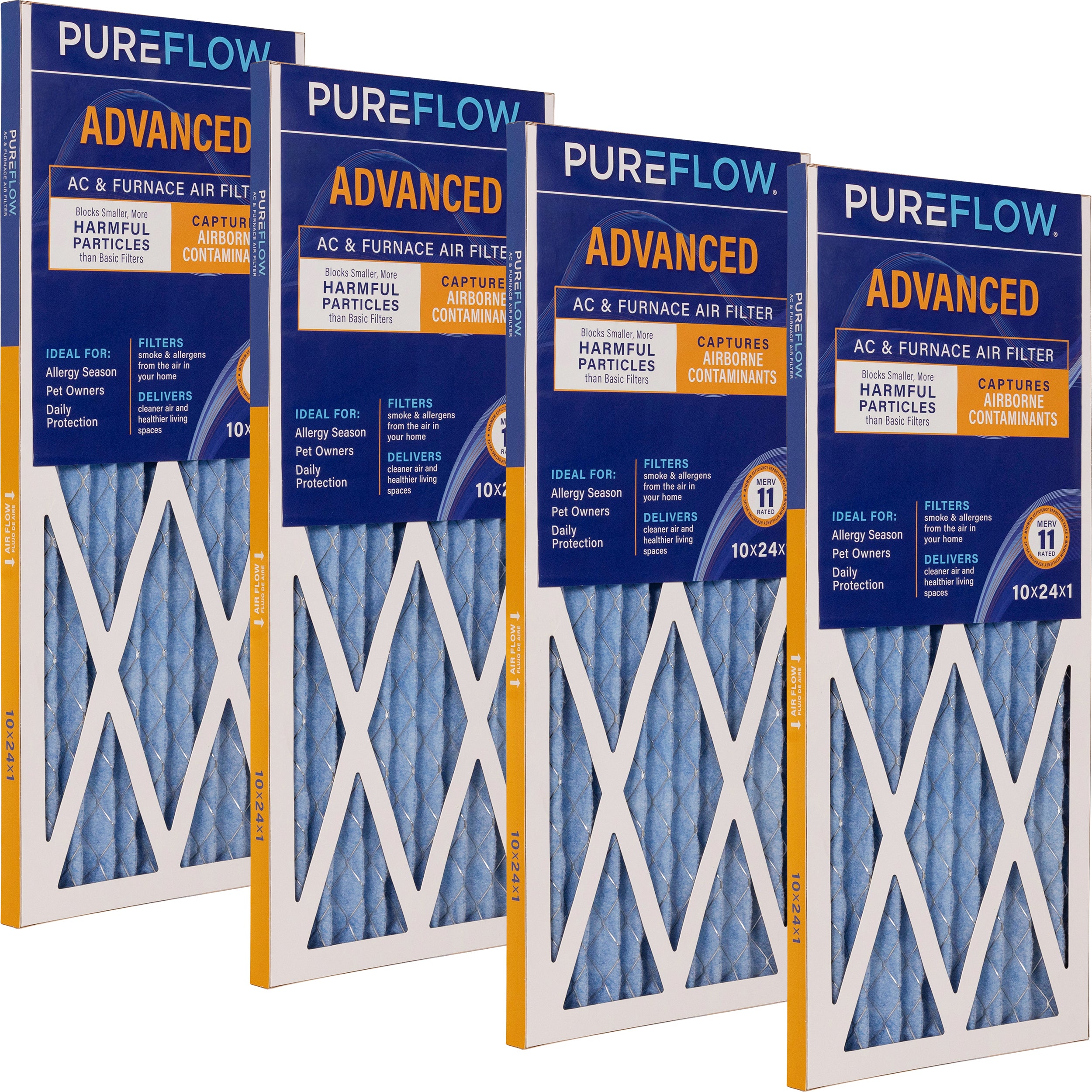 PUREFLOW Home Air Filter MERV 11, 10x24x1 Furnace Filter, 4 Layer High Efficiency Filtration for Dust, Smoke, Fumes, Pollutants (4 - Pack)