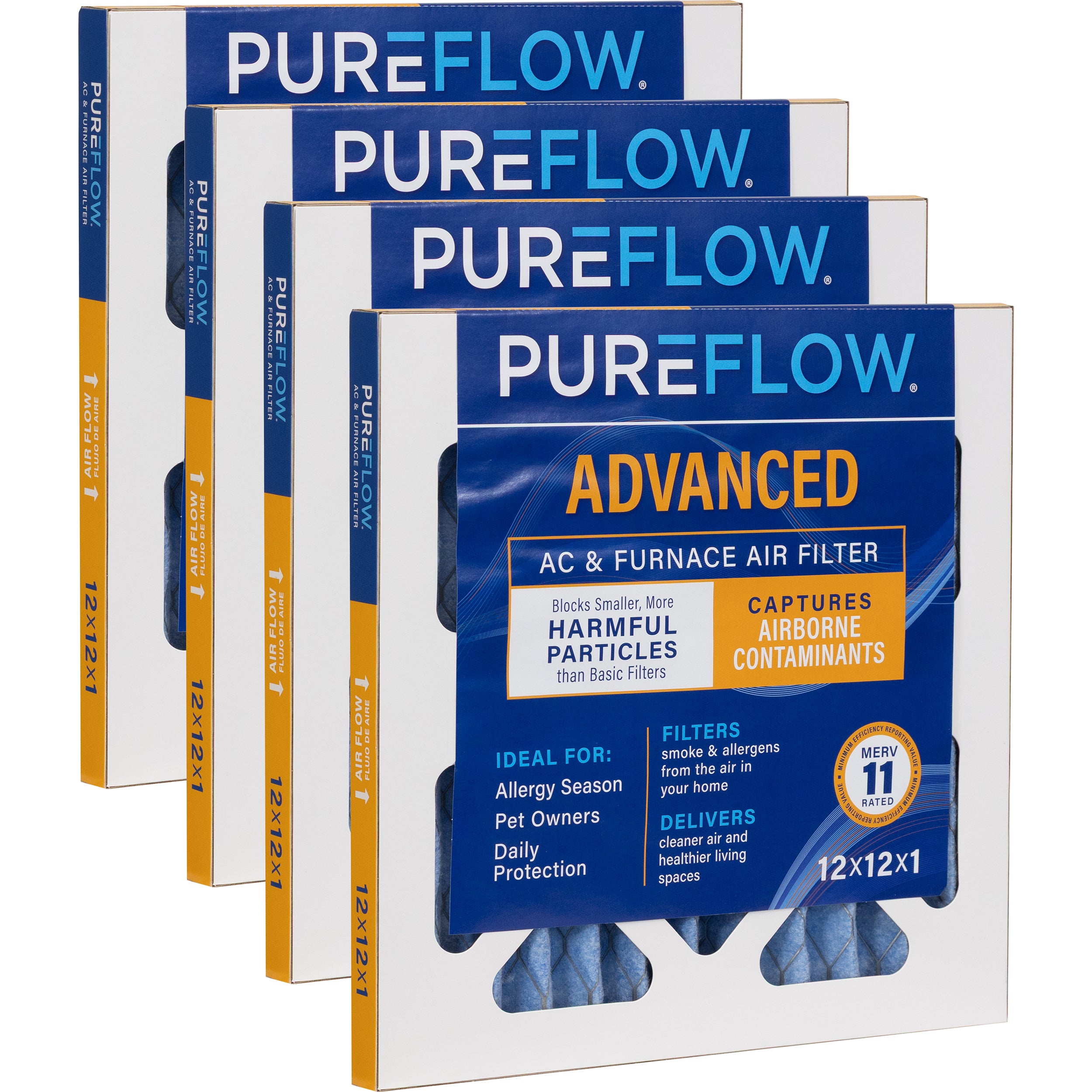PUREFLOW Home Air Filter MERV 11, 12x12x1 Furnace Filter, 4 Layer High Efficiency Filtration for Dust, Smoke, Fumes, Pollutants (4 - Pack)