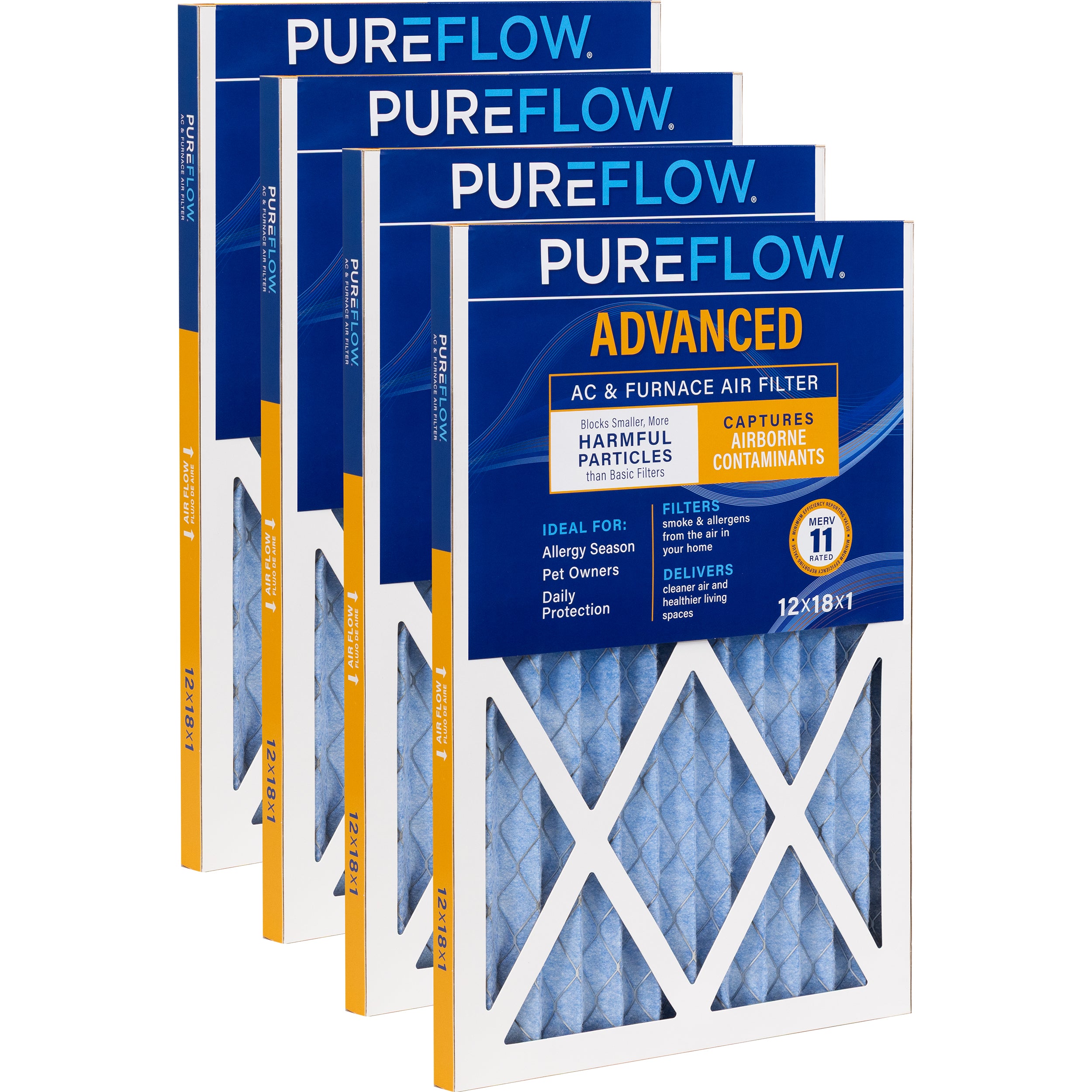 PUREFLOW Home Air Filter MERV 11, 12x18x1 Furnace Filter, 4 Layer High Efficiency Filtration for Dust, Smoke, Fumes, Pollutants (4 - Pack)