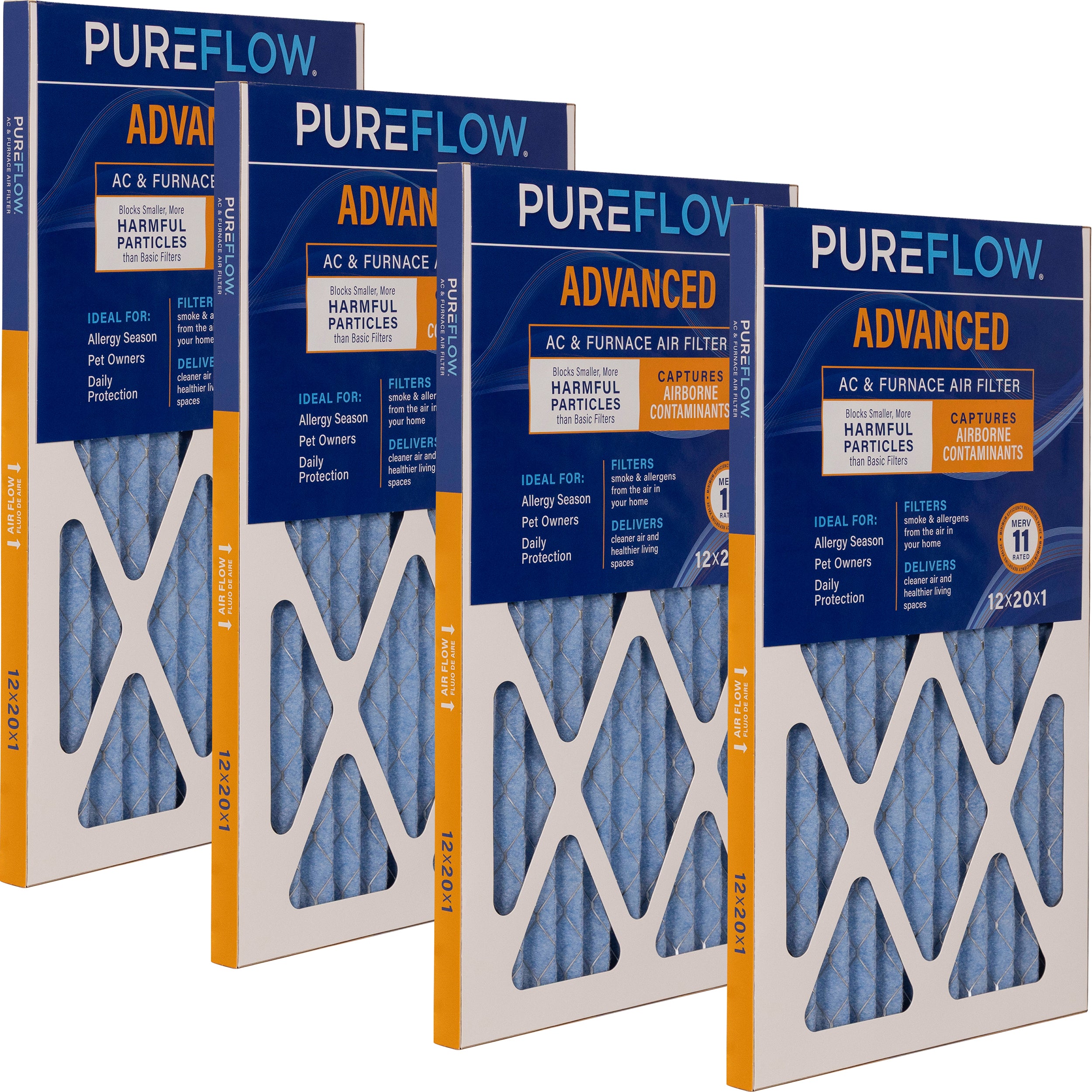 PUREFLOW Home Air Filter MERV 11, 12x20x1 Furnace Filter, 4 Layer High Efficiency Filtration for Dust, Smoke, Fumes, Pollutants (4 - Pack)