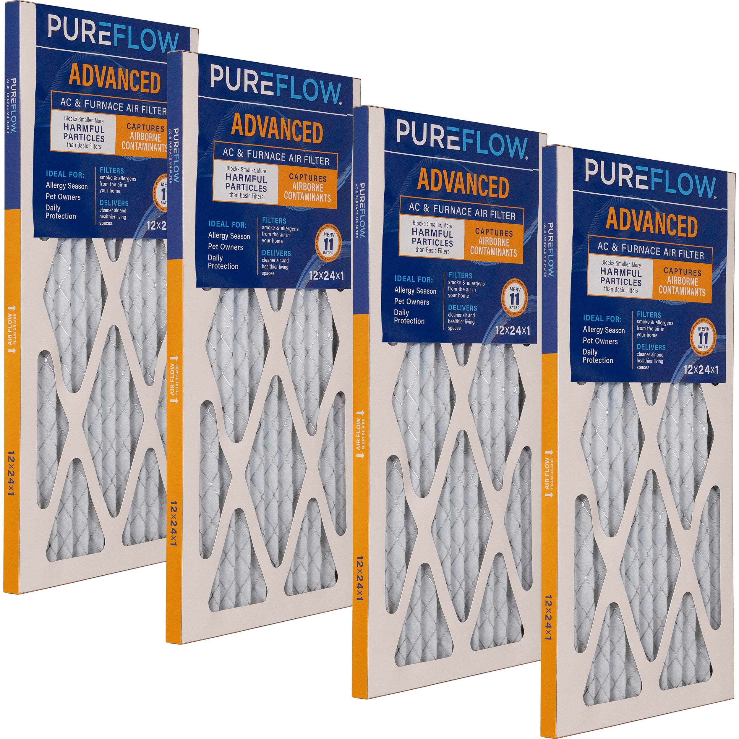 PUREFLOW Home Air Filter MERV 11, 12x24x1 Furnace Filter, 4 Layer High Efficiency Filtration for Dust, Smoke, Fumes, Pollutants (4 - Pack)