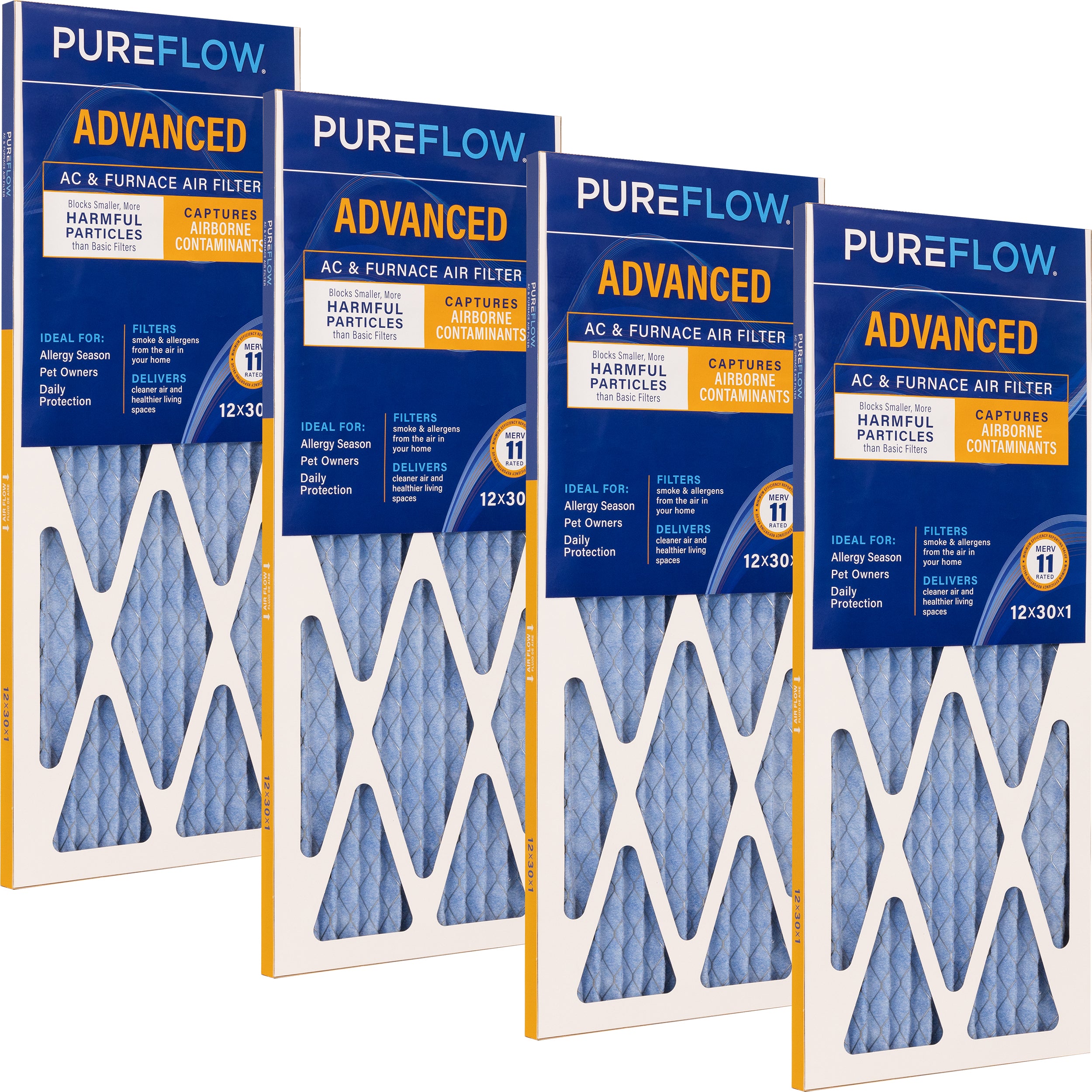 PUREFLOW Home Air Filter MERV 11, 12x30x1 Furnace Filter, 4 Layer High Efficiency Filtration for Dust, Smoke, Fumes, Pollutants (4 - Pack)