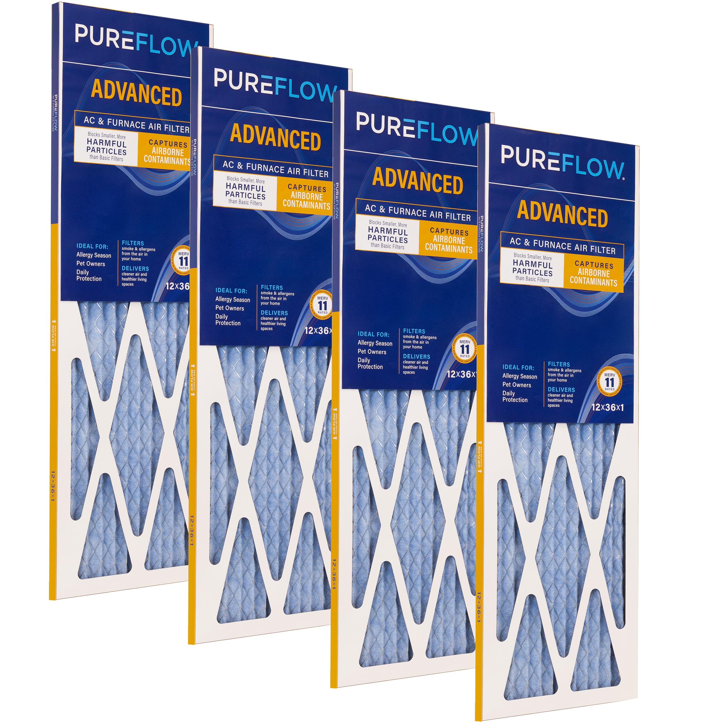 PUREFLOW Home Air Filter MERV 11, 12x36x1 Furnace Filter, 4 Layer High Efficiency Filtration for Dust, Smoke, Fumes, Pollutants (4 - Pack)