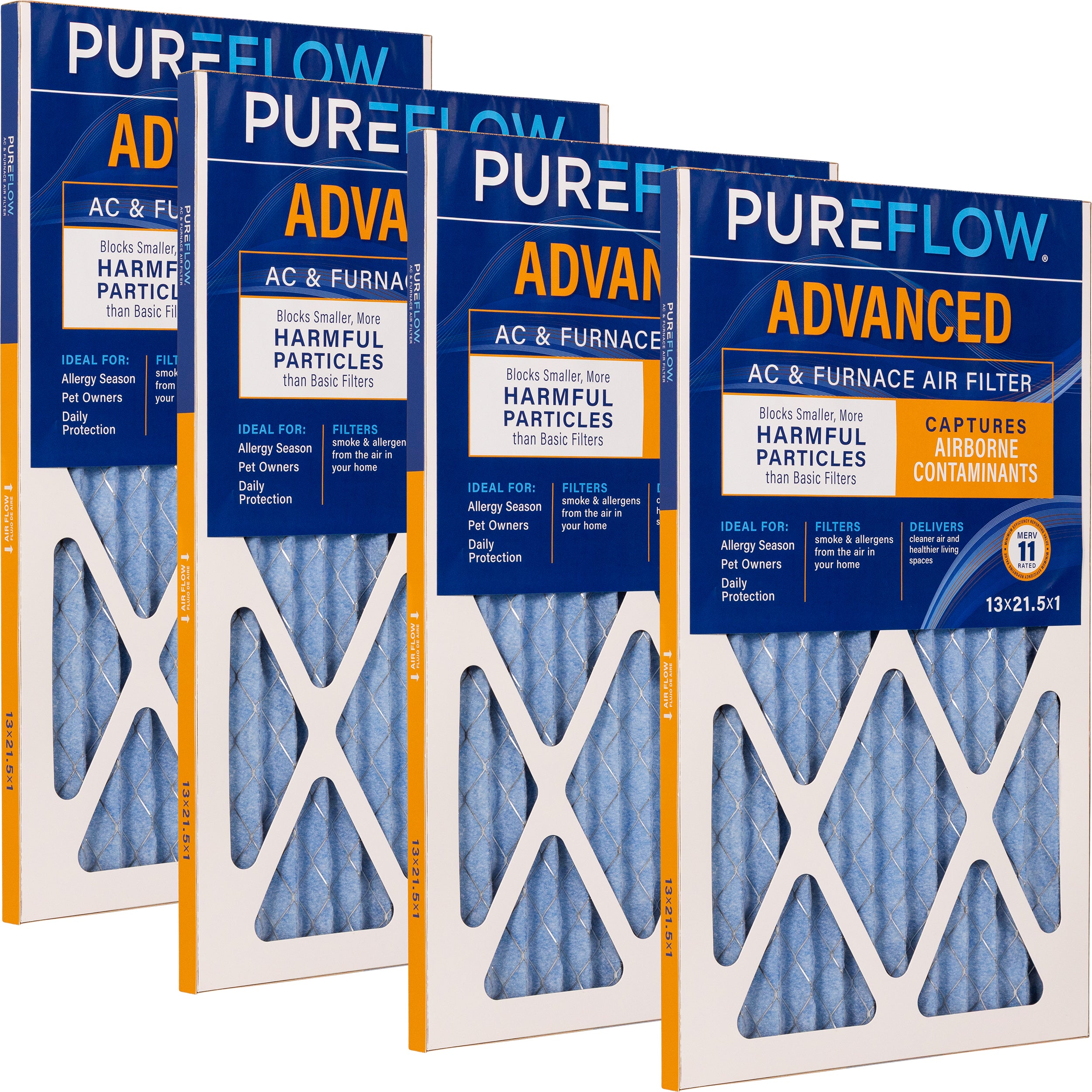 PUREFLOW Home Air Filter MERV 11, 13x21.5x1 Furnace Filter, 4 Layer High Efficiency Filtration for Dust, Smoke, Fumes, Pollutants (4 - Pack)
