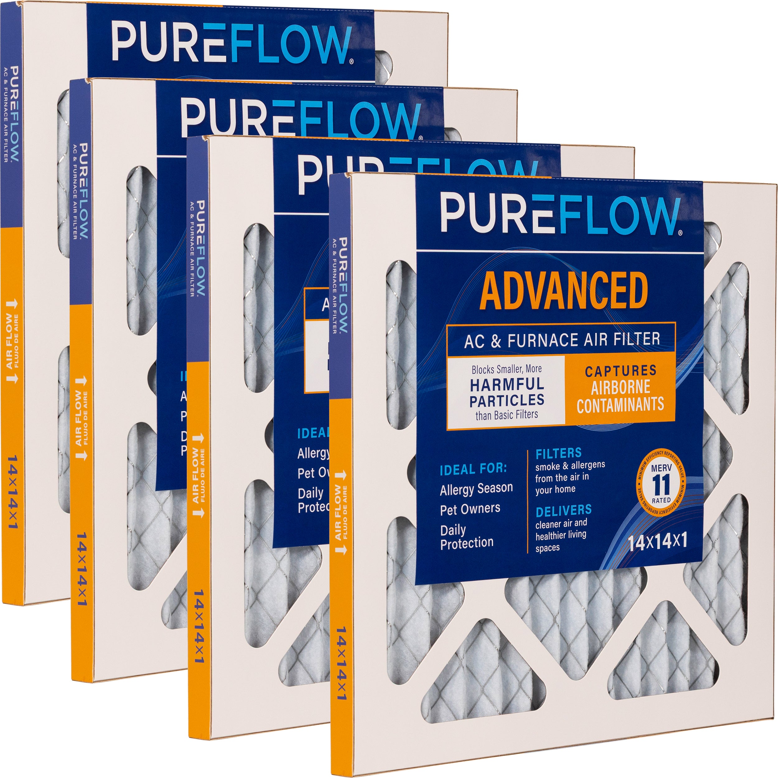 PUREFLOW Home Air Filter MERV 11, 14x14x1 Furnace Filter, 4 Layer High Efficiency Filtration for Dust, Smoke, Fumes, Pollutants (4 - Pack)