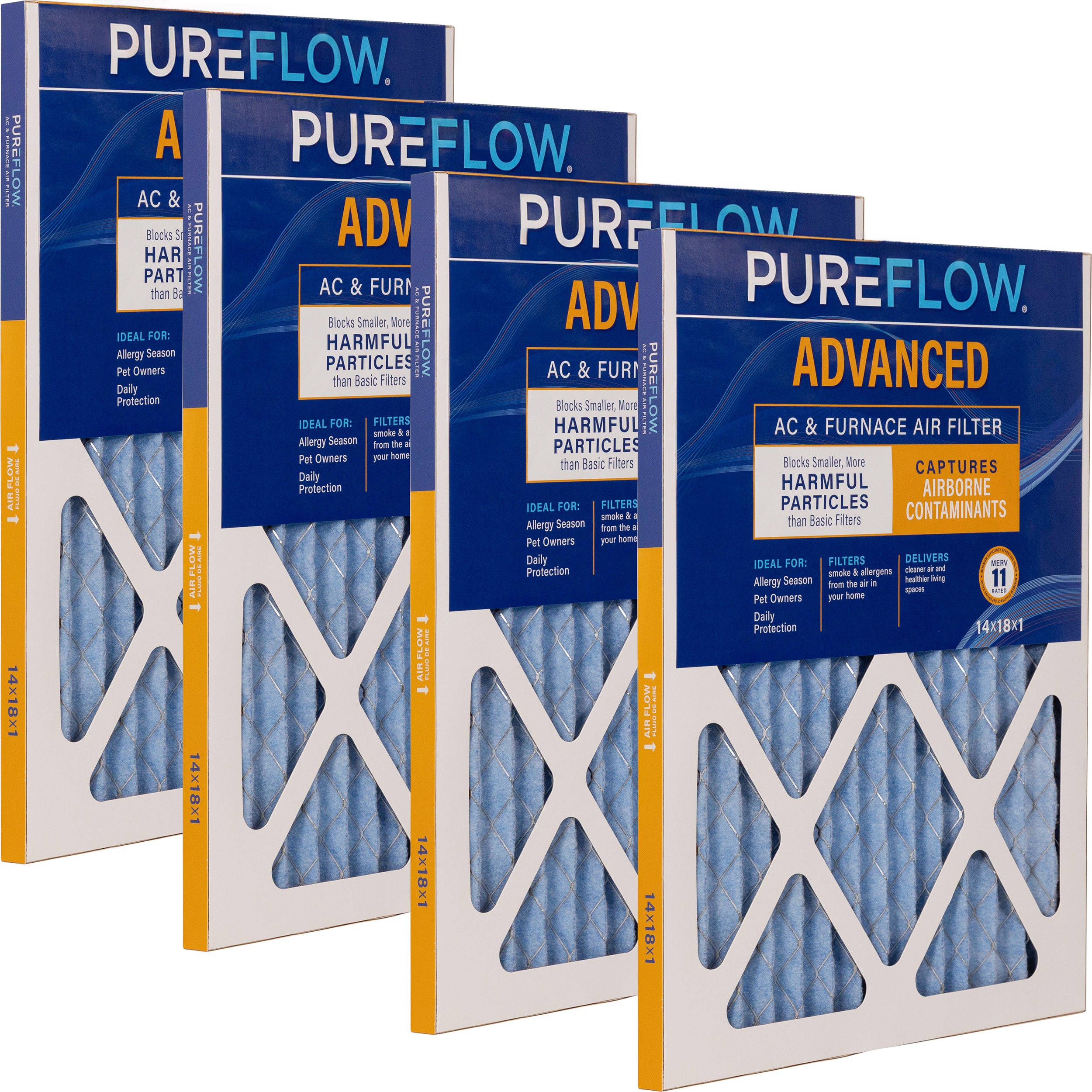PUREFLOW Home Air Filter MERV 11, 14x18x1 Furnace Filter, 4 Layer High Efficiency Filtration for Dust, Smoke, Fumes, Pollutants (4 - Pack)