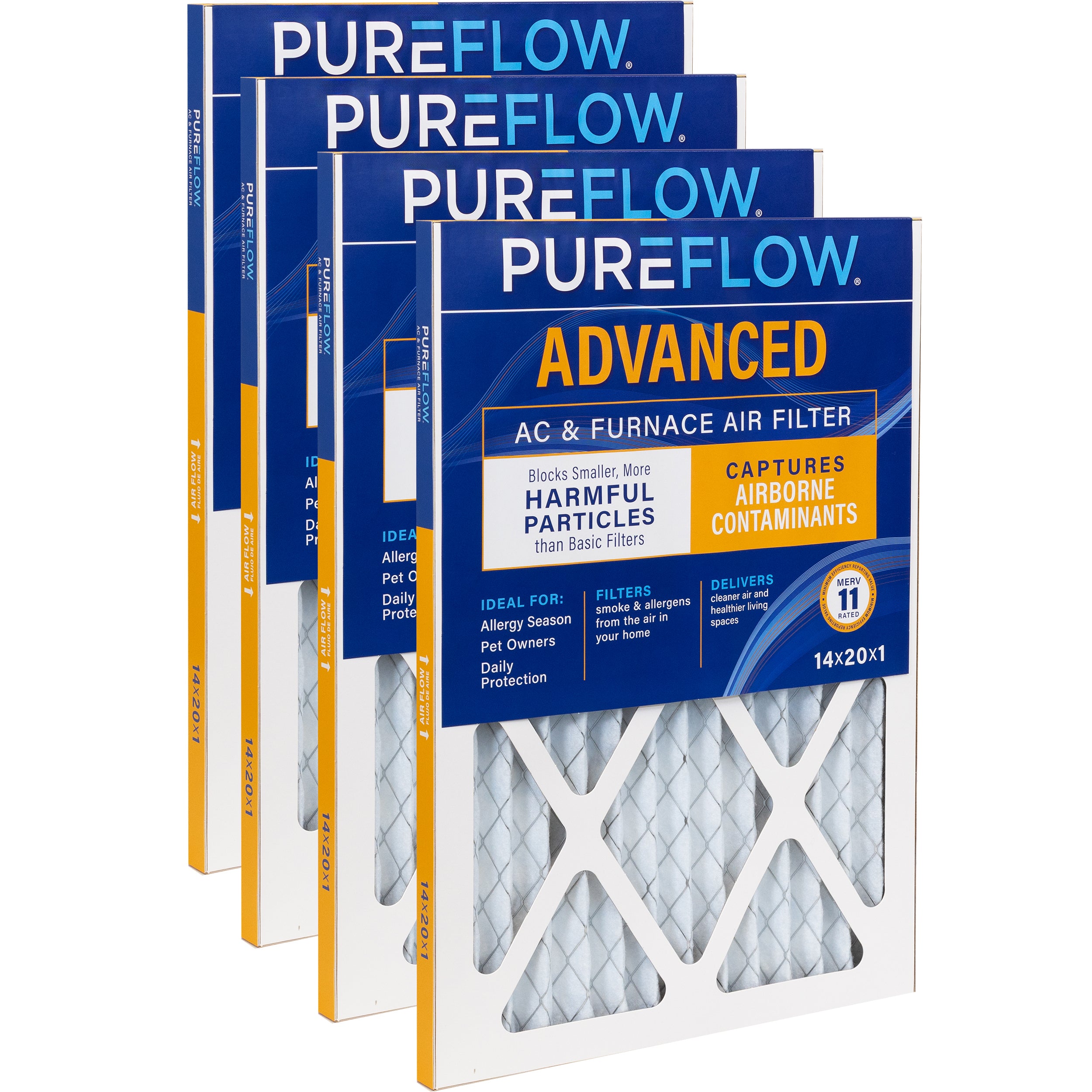 PUREFLOW Home Air Filter MERV 11, 14x20x1 Furnace Filter, 4 Layer High Efficiency Filtration for Dust, Smoke, Fumes, Pollutants (4 - Pack)