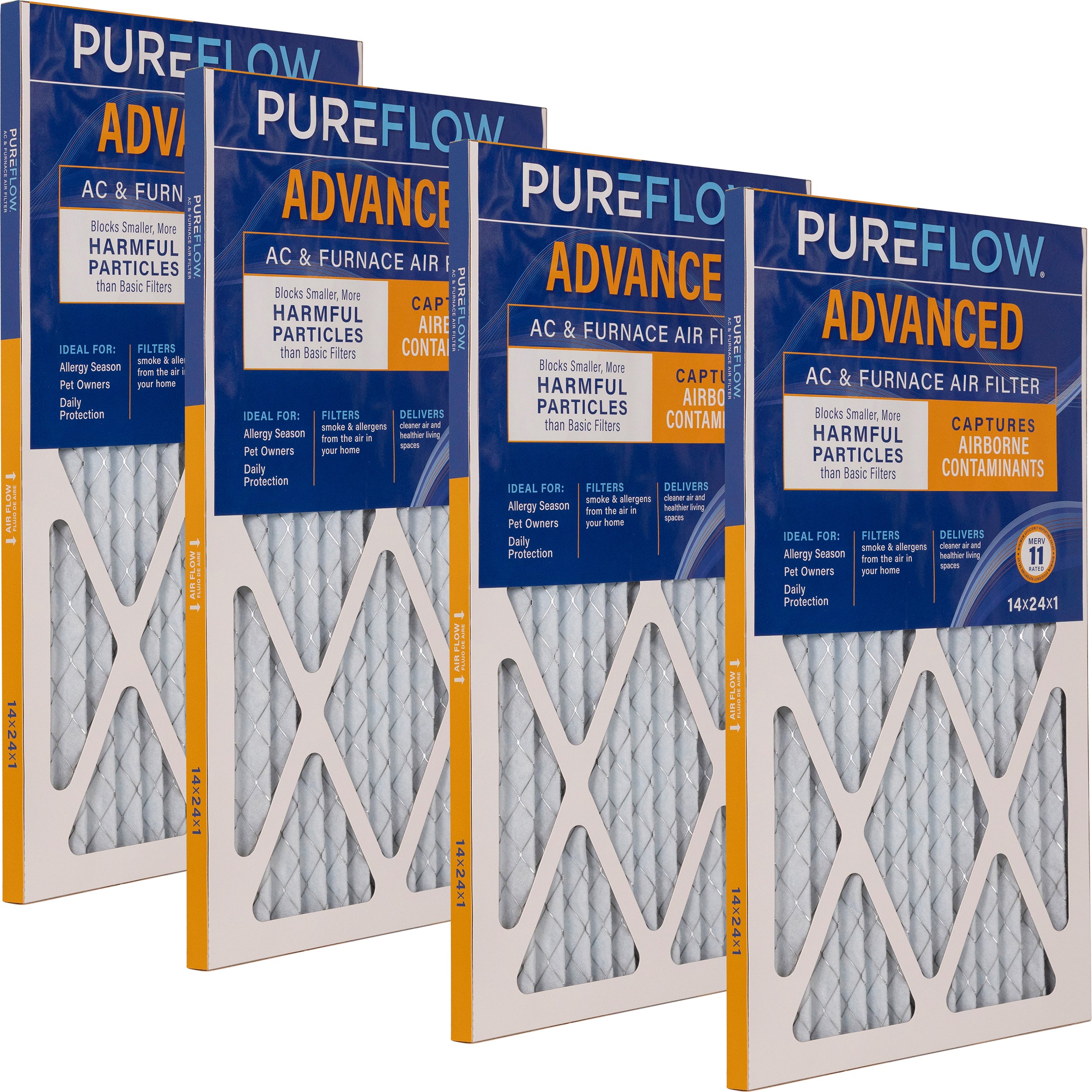 PUREFLOW Home Air Filter MERV 11, 14x24x1 Furnace Filter, 4 Layer High Efficiency Filtration for Dust, Smoke, Fumes, Pollutants (4 - Pack)