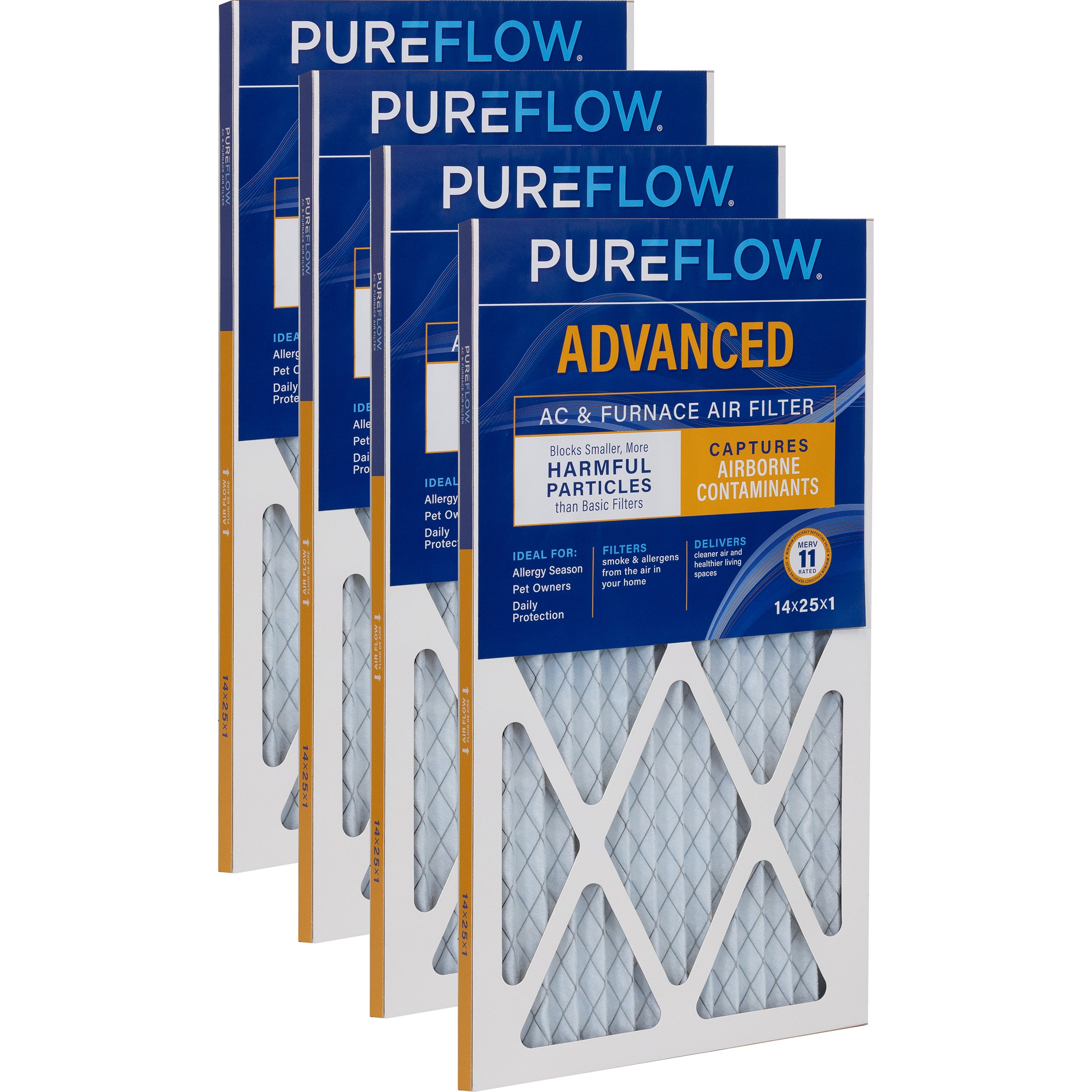PUREFLOW Home Air Filter MERV 11, 14x25x1 Furnace Filter, 4 Layer High Efficiency Filtration for Dust, Smoke, Fumes, Pollutants (4 - Pack)
