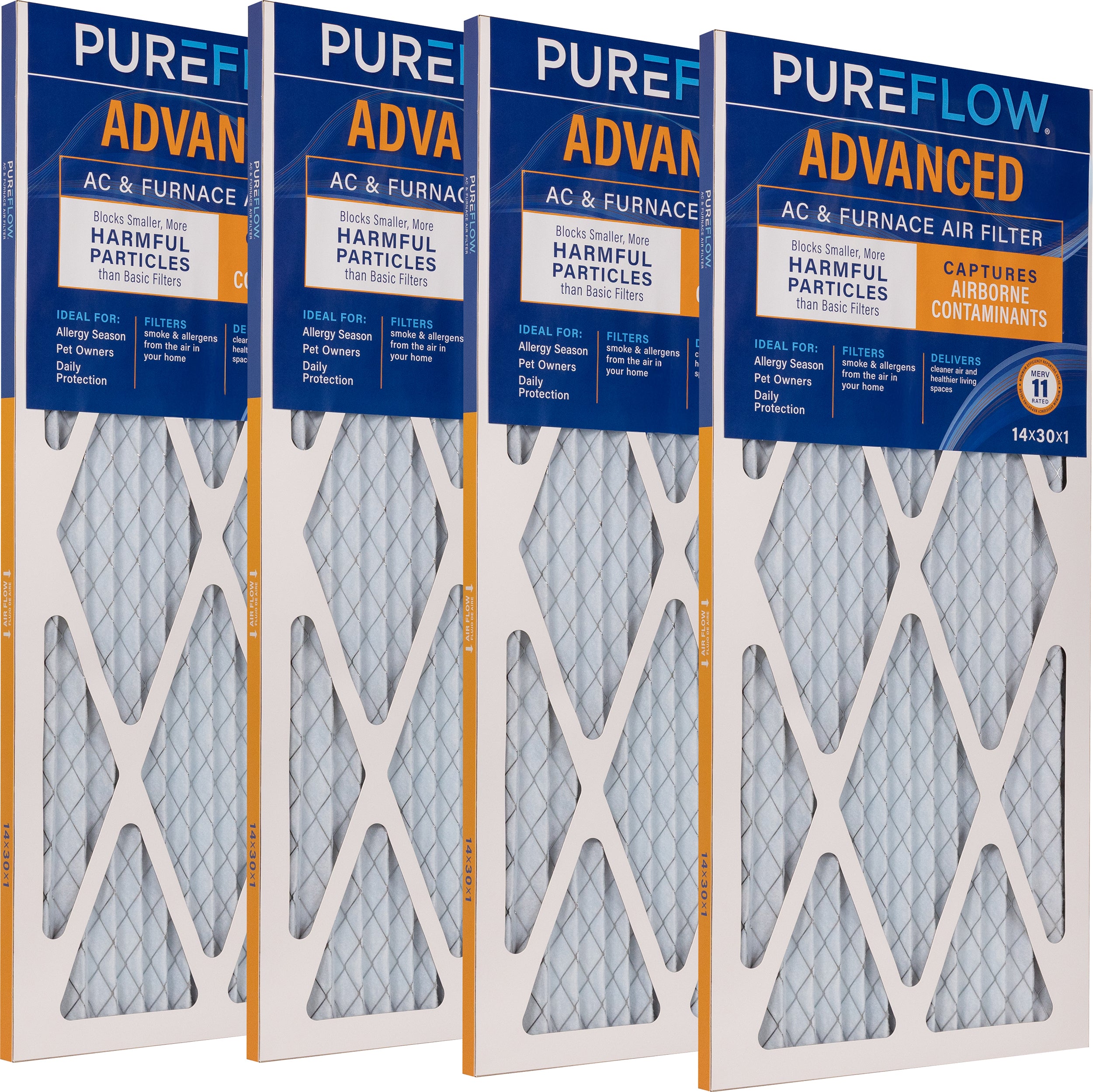 PUREFLOW Home Air Filter MERV 11, 14x30x1 Furnace Filter, 4 Layer High Efficiency Filtration for Dust, Smoke, Fumes, Pollutants (4 - Pack)