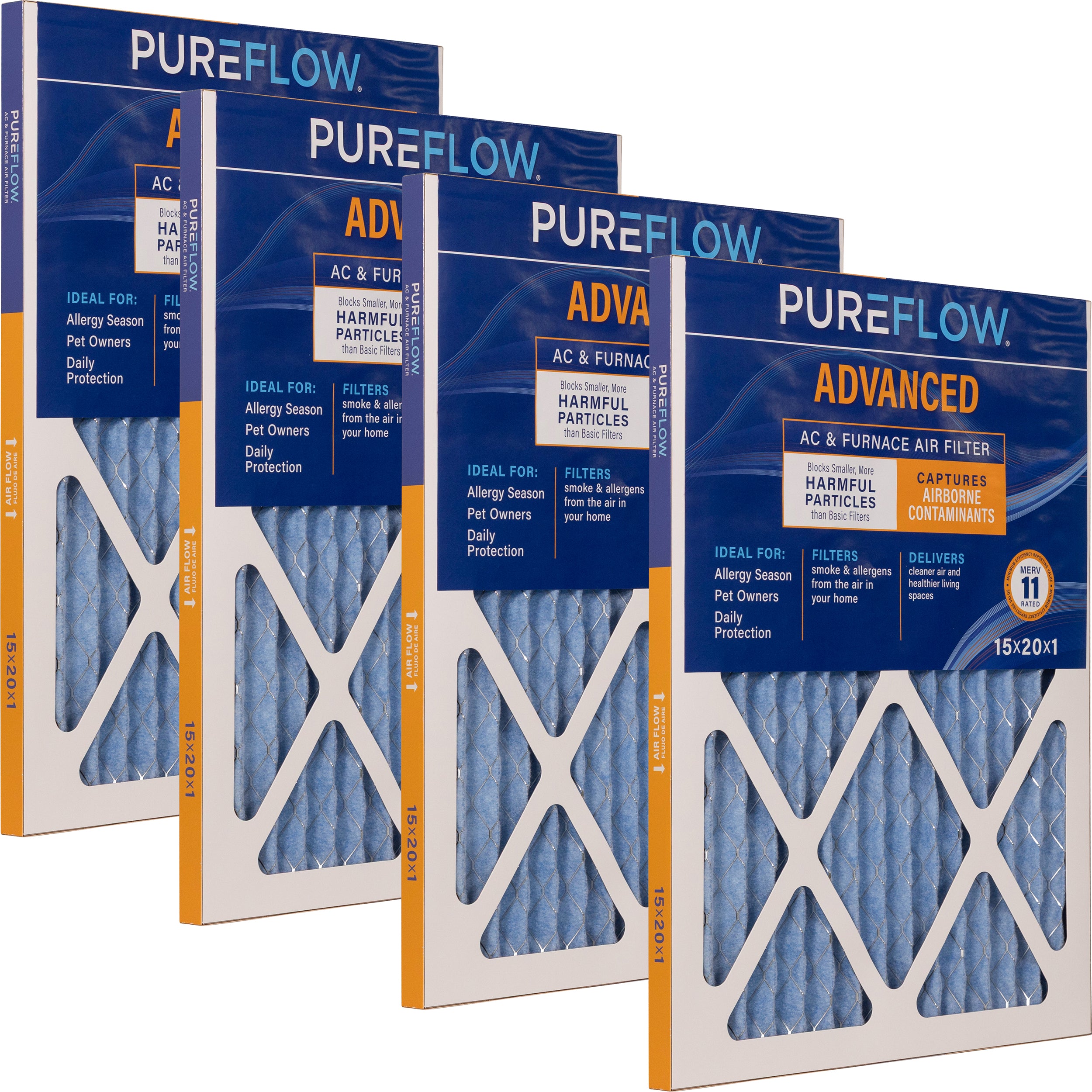 PUREFLOW Home Air Filter MERV 11, 15x20x1 Furnace Filter, 4 Layer High Efficiency Filtration for Dust, Smoke, Fumes, Pollutants (4 - Pack)
