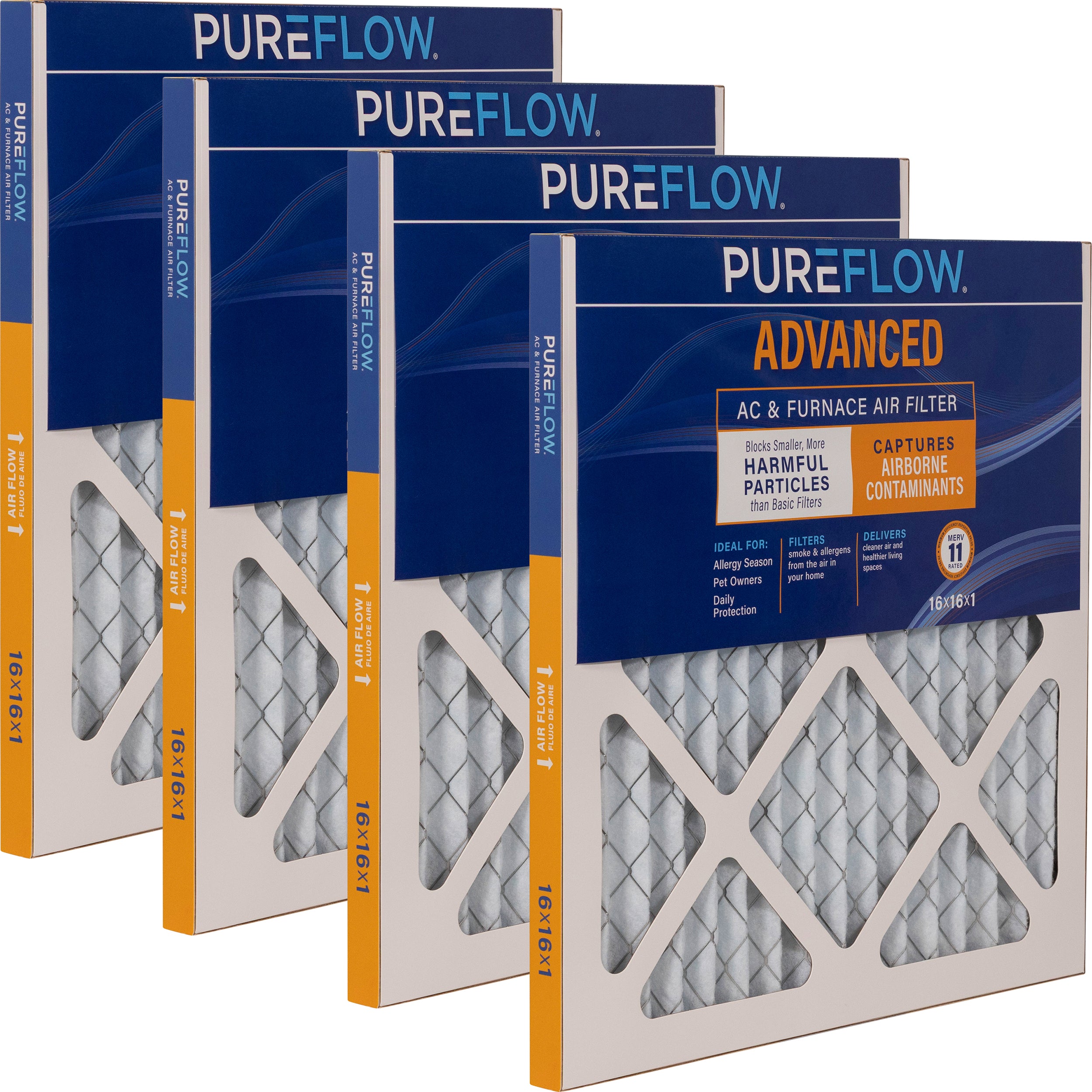 PUREFLOW Home Air Filter MERV 11, 16x16x1 Furnace Filter, 4 Layer High Efficiency Filtration for Dust, Smoke, Fumes, Pollutants (4 - Pack)