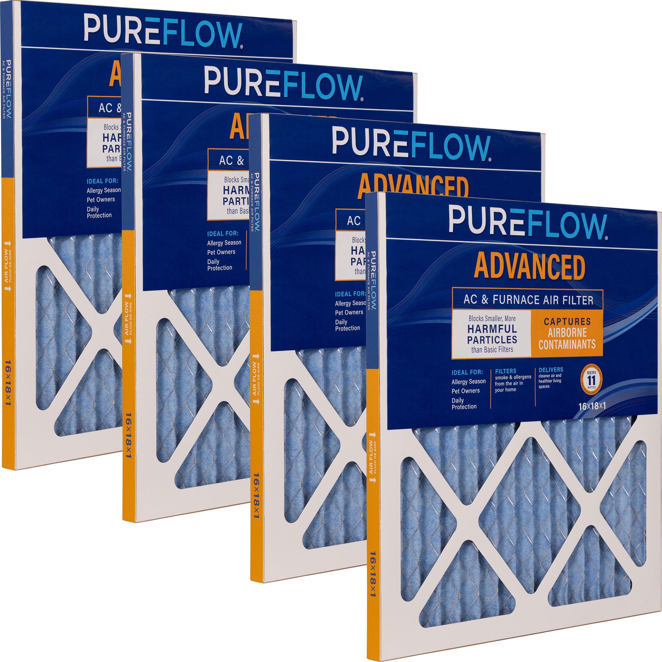 PUREFLOW Home Air Filter MERV 11, 16x18x1 Furnace Filter, 4 Layer High Efficiency Filtration for Dust, Smoke, Fumes, Pollutants (4 - Pack)