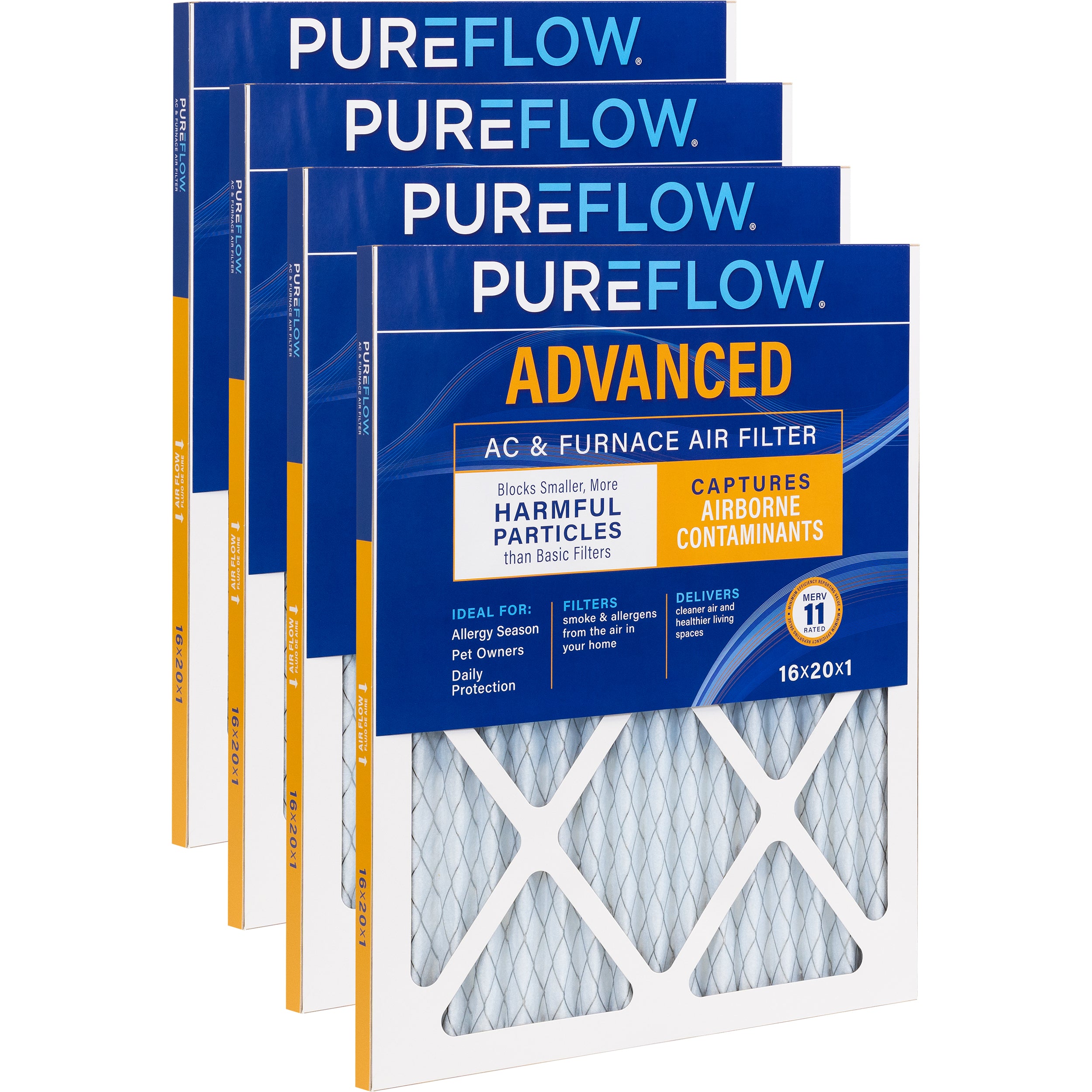 PUREFLOW Home Air Filter MERV 11, 16x20x1 Furnace Filter, 4 Layer High Efficiency Filtration for Dust, Smoke, Fumes, Pollutants (4 - Pack)