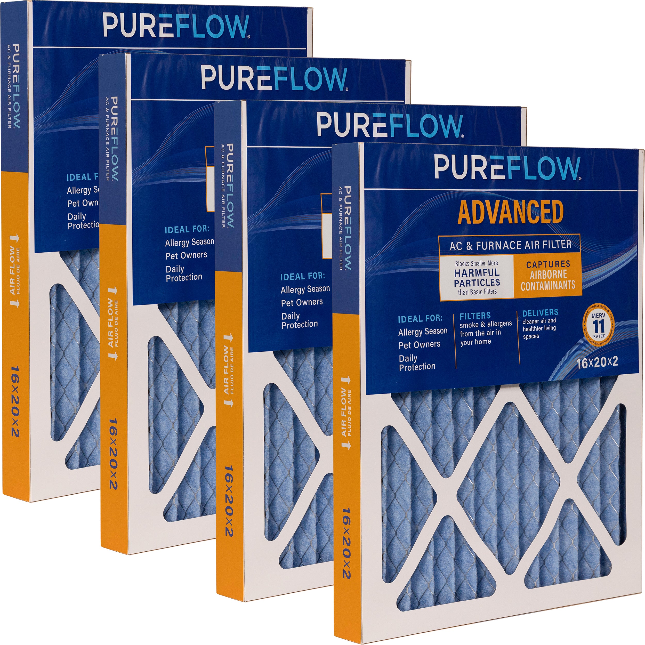 PUREFLOW Home Air Filter MERV 11, 16x20x2 Furnace Filter, 4 Layer High Efficiency Filtration for Dust, Smoke, Fumes, Pollutants (4 - Pack)