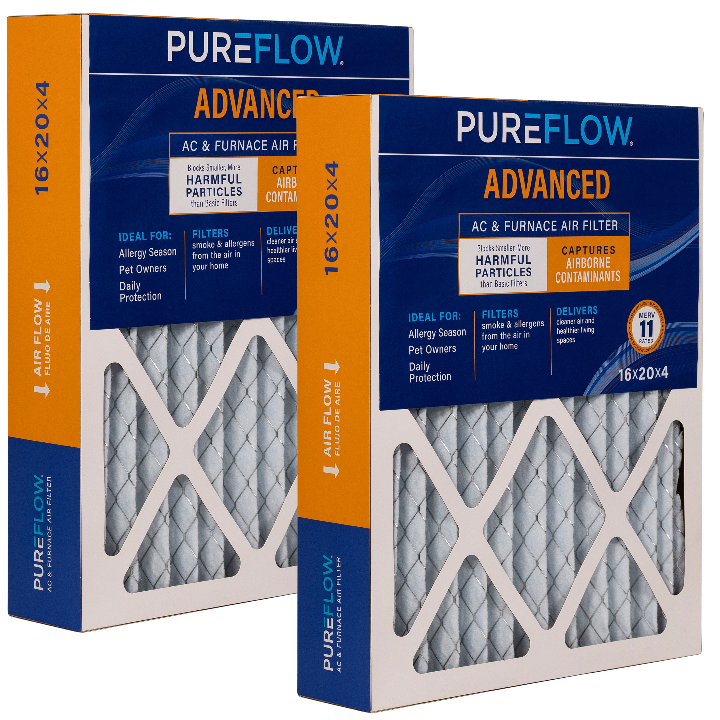 PUREFLOW Home Air Filter MERV 11, 16x20x4 Furnace Filter, 4 Layer High Efficiency Filtration for Dust, Smoke, Fumes, Pollutants (2 - Pack)