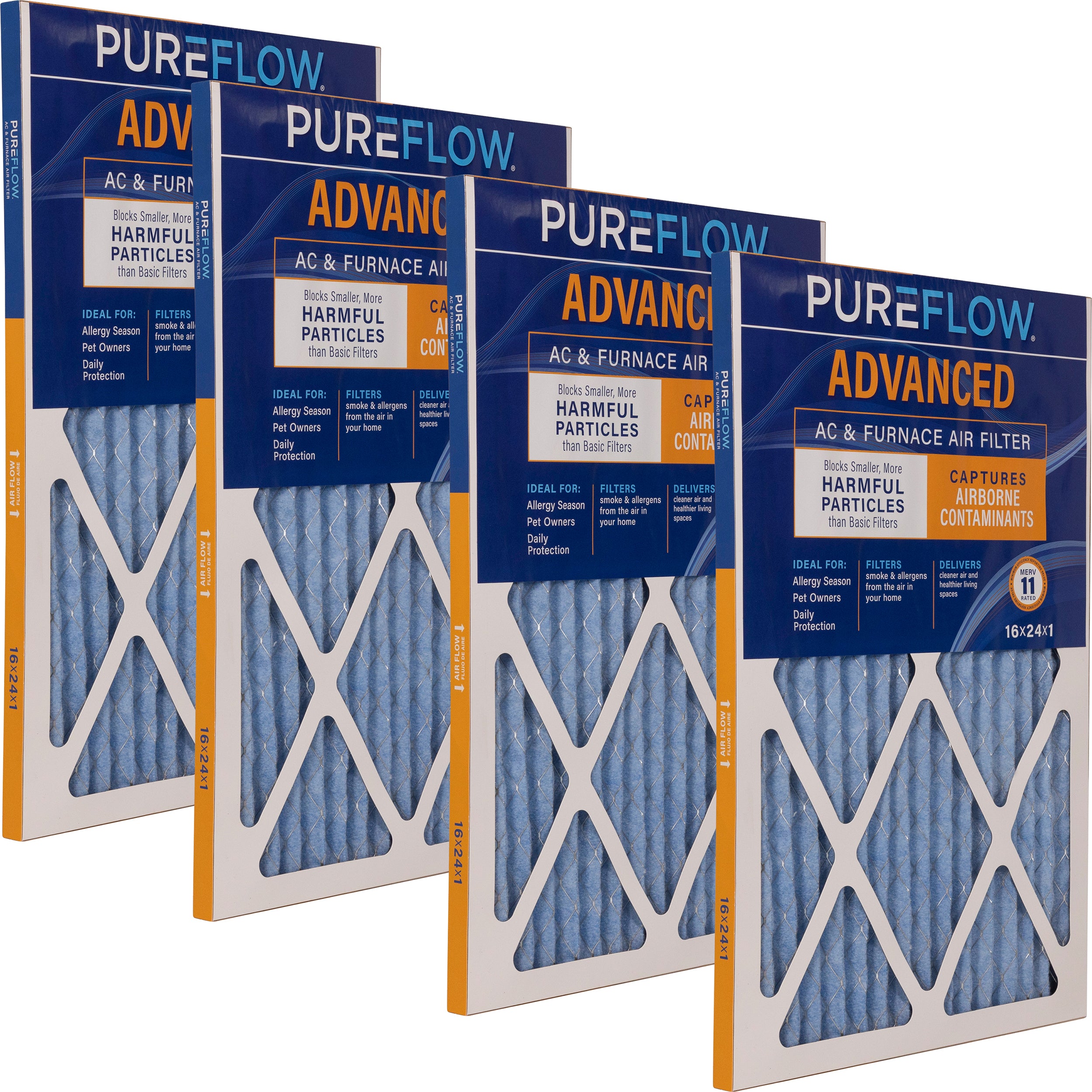 PUREFLOW Home Air Filter MERV 11, 16x24x1 Furnace Filter, 4 Layer High Efficiency Filtration for Dust, Smoke, Fumes, Pollutants (4 - Pack)