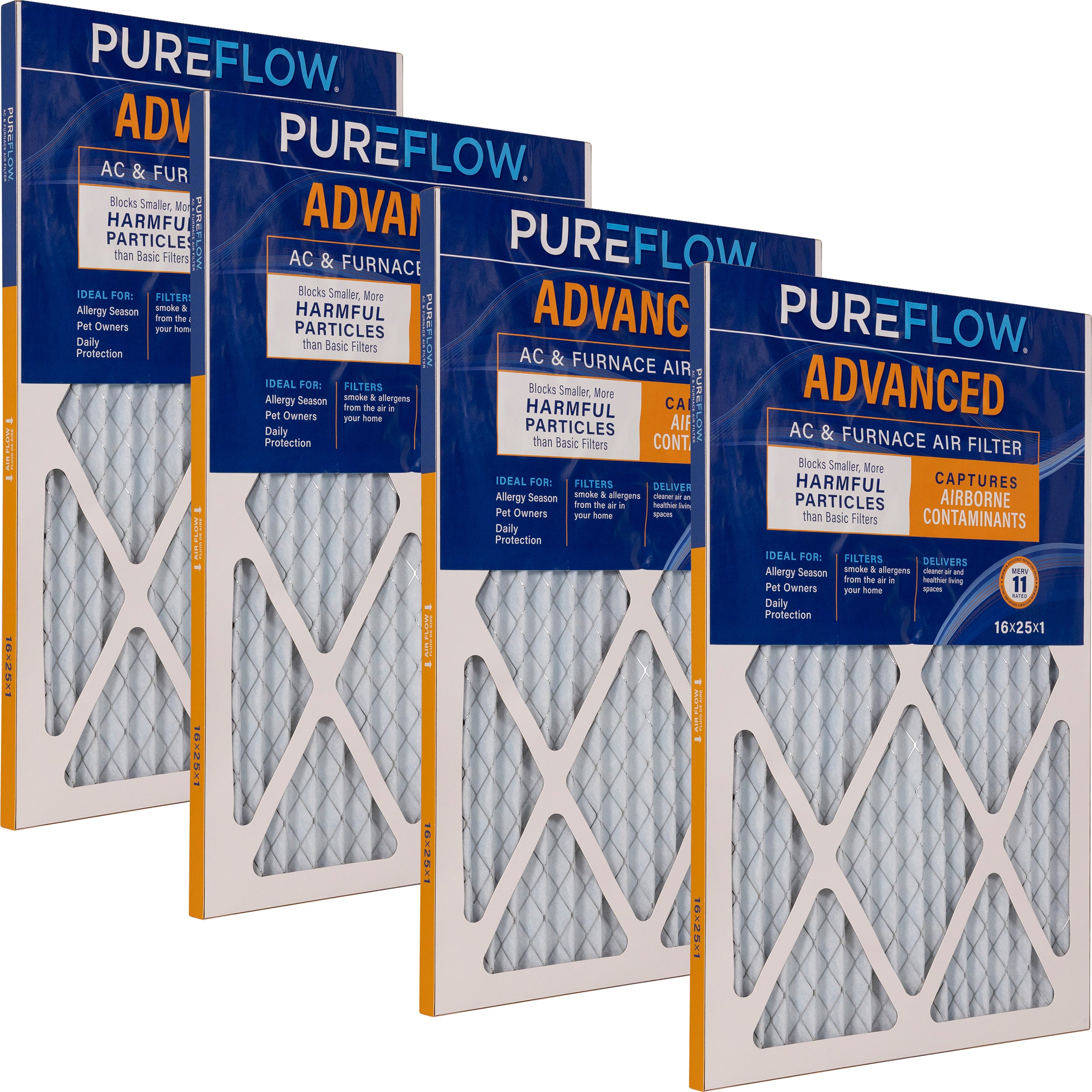 PUREFLOW Home Air Filter MERV 11, 16x25x1 Furnace Filter, 4 Layer High Efficiency Filtration for Dust, Smoke, Fumes, Pollutants (4 - Pack)