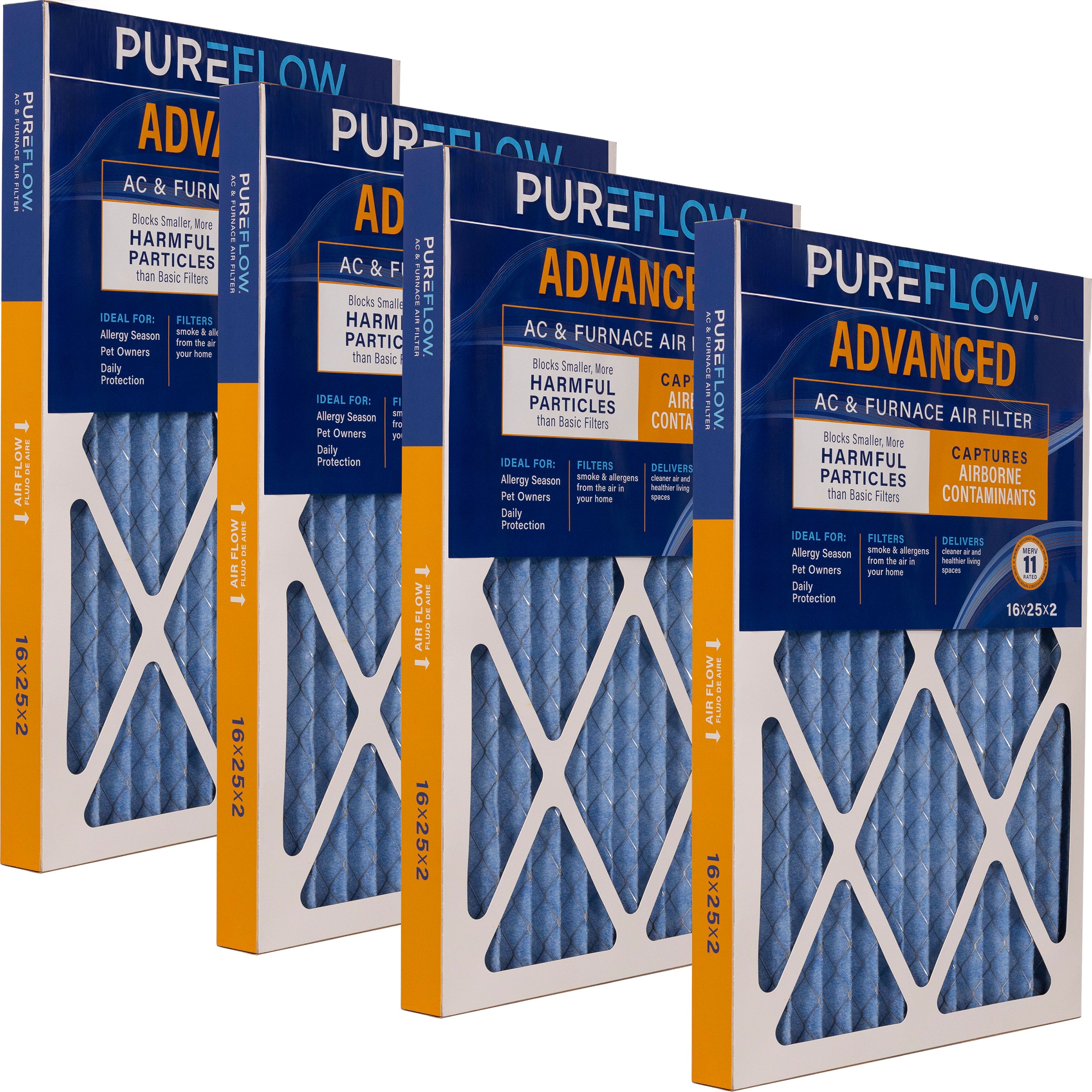 PUREFLOW Home Air Filter MERV 11, 16x25x2 Furnace Filter, 4 Layer High Efficiency Filtration for Dust, Smoke, Fumes, Pollutants (4 - Pack)