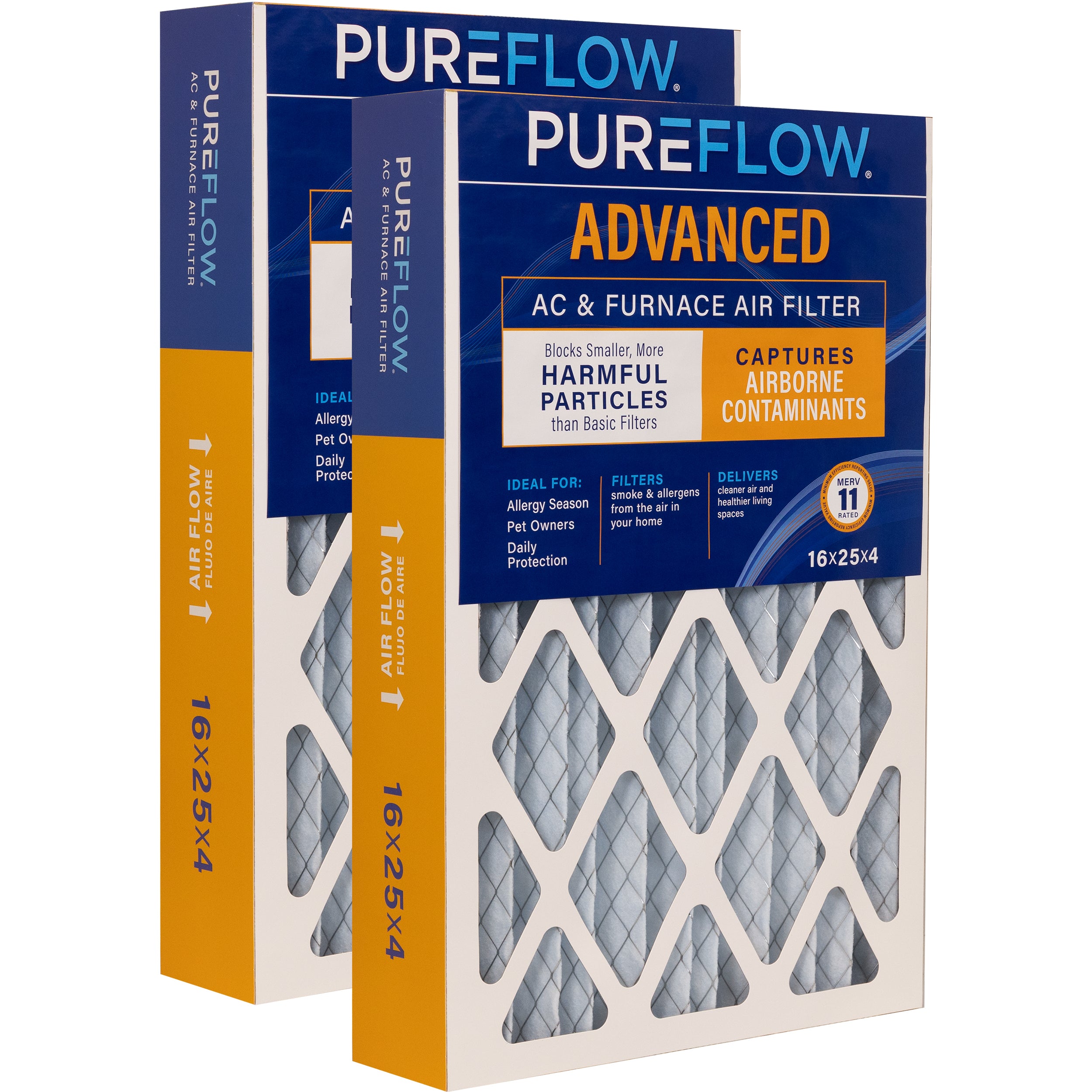 PUREFLOW Home Air Filter MERV 11, 16x25x4 Furnace Filter, 4 Layer High Efficiency Filtration for Dust, Smoke, Fumes, Pollutants (2 - Pack)
