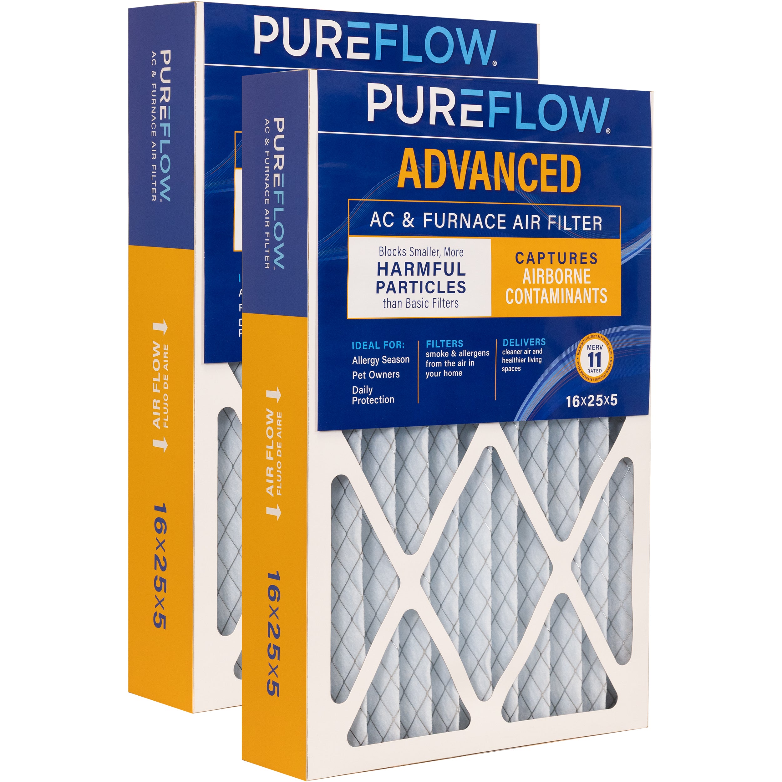 PUREFLOW Home Air Filter MERV 11, 16x25x5 Furnace Filter, 4 Layer High Efficiency Filtration for Dust, Smoke, Fumes, Pollutants (2 - Pack)