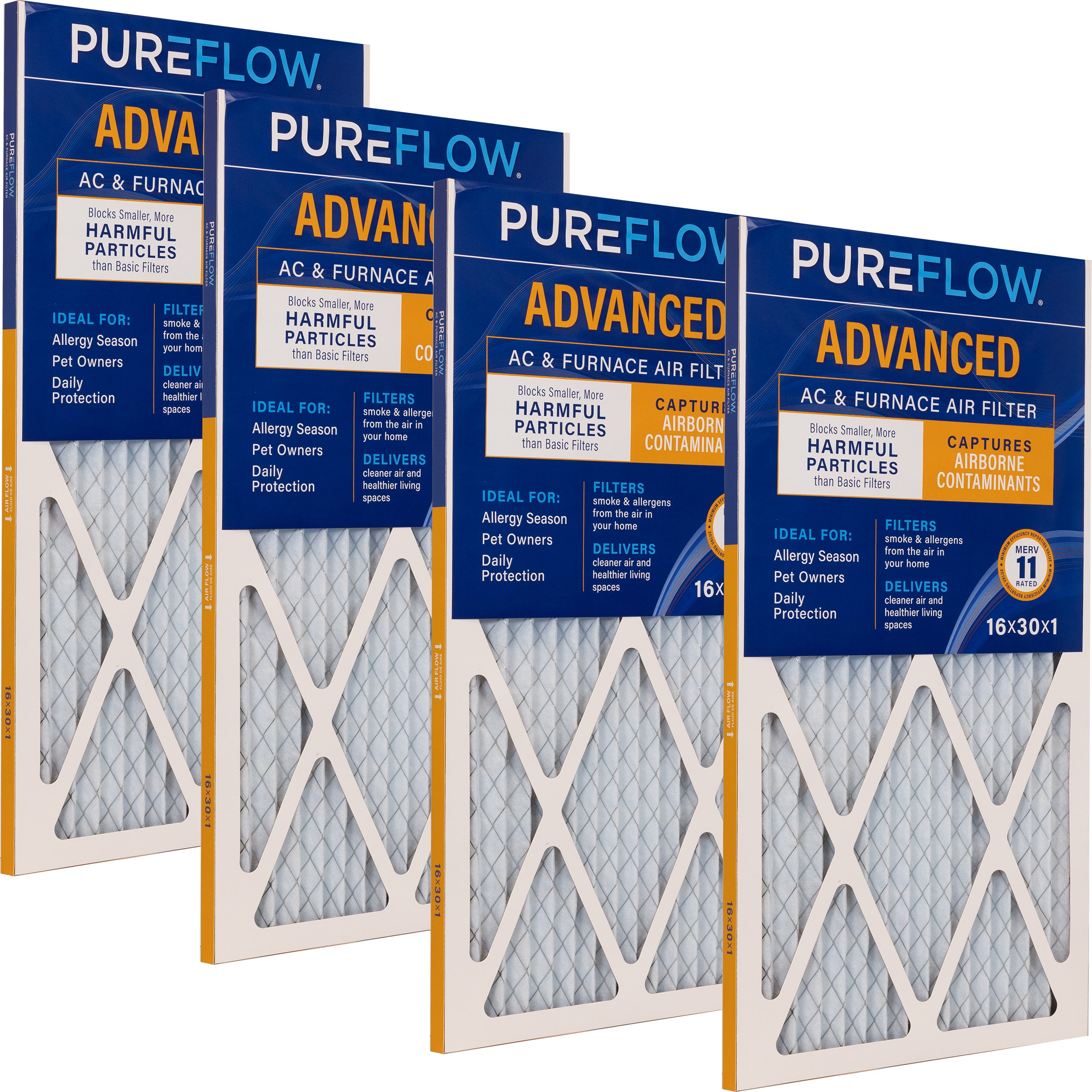 PUREFLOW Home Air Filter MERV 11, 16x30x1 Furnace Filter, 4 Layer High Efficiency Filtration for Dust, Smoke, Fumes, Pollutants (4 - Pack)