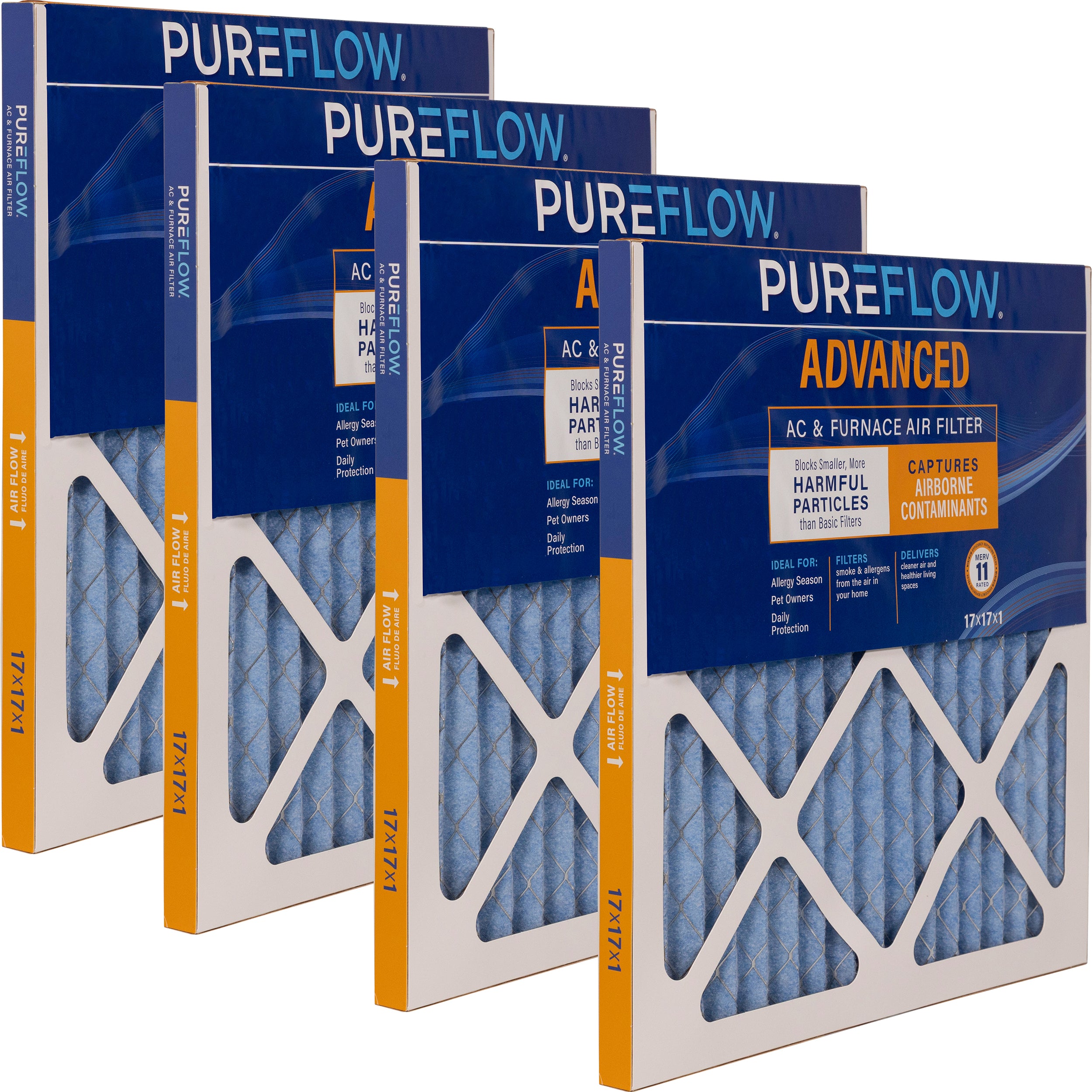 PUREFLOW Home Air Filter MERV 11, 17x17x1 Furnace Filter, 4 Layer High Efficiency Filtration for Dust, Smoke, Fumes, Pollutants (4 - Pack)