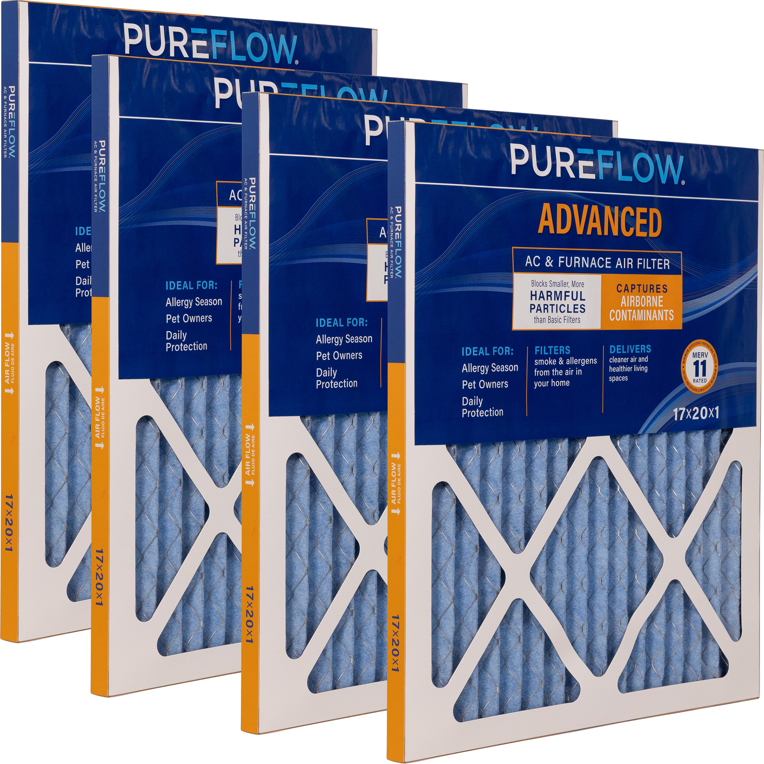PUREFLOW Home Air Filter MERV 11, 17x20x1 Furnace Filter, 4 Layer High Efficiency Filtration for Dust, Smoke, Fumes, Pollutants (4 - Pack)