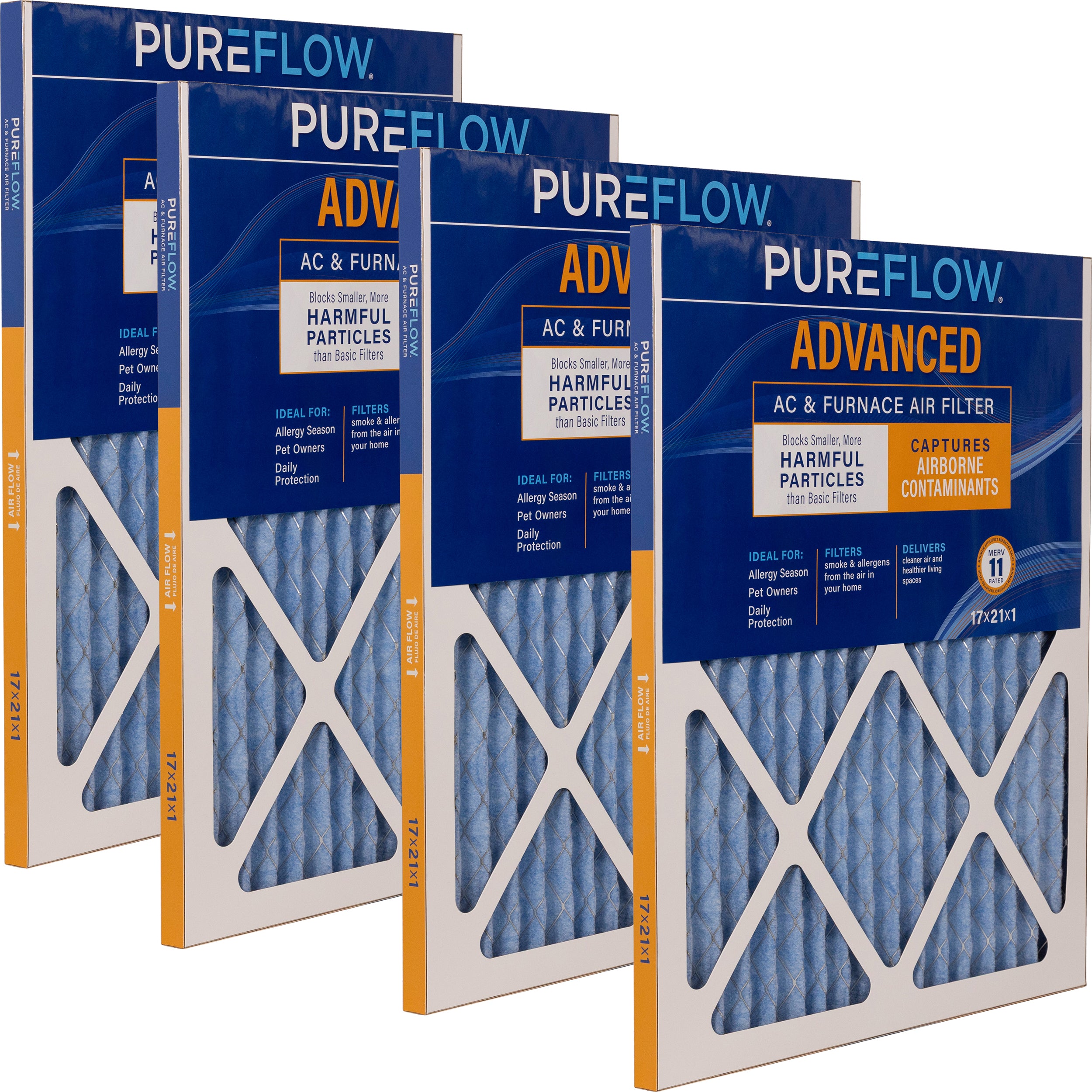 PUREFLOW Home Air Filter MERV 11, 17X21X1 Furnace Filter, 4 Layer High Efficiency Filtration for Dust, Smoke, Fumes, Pollutants (4 - Pack)