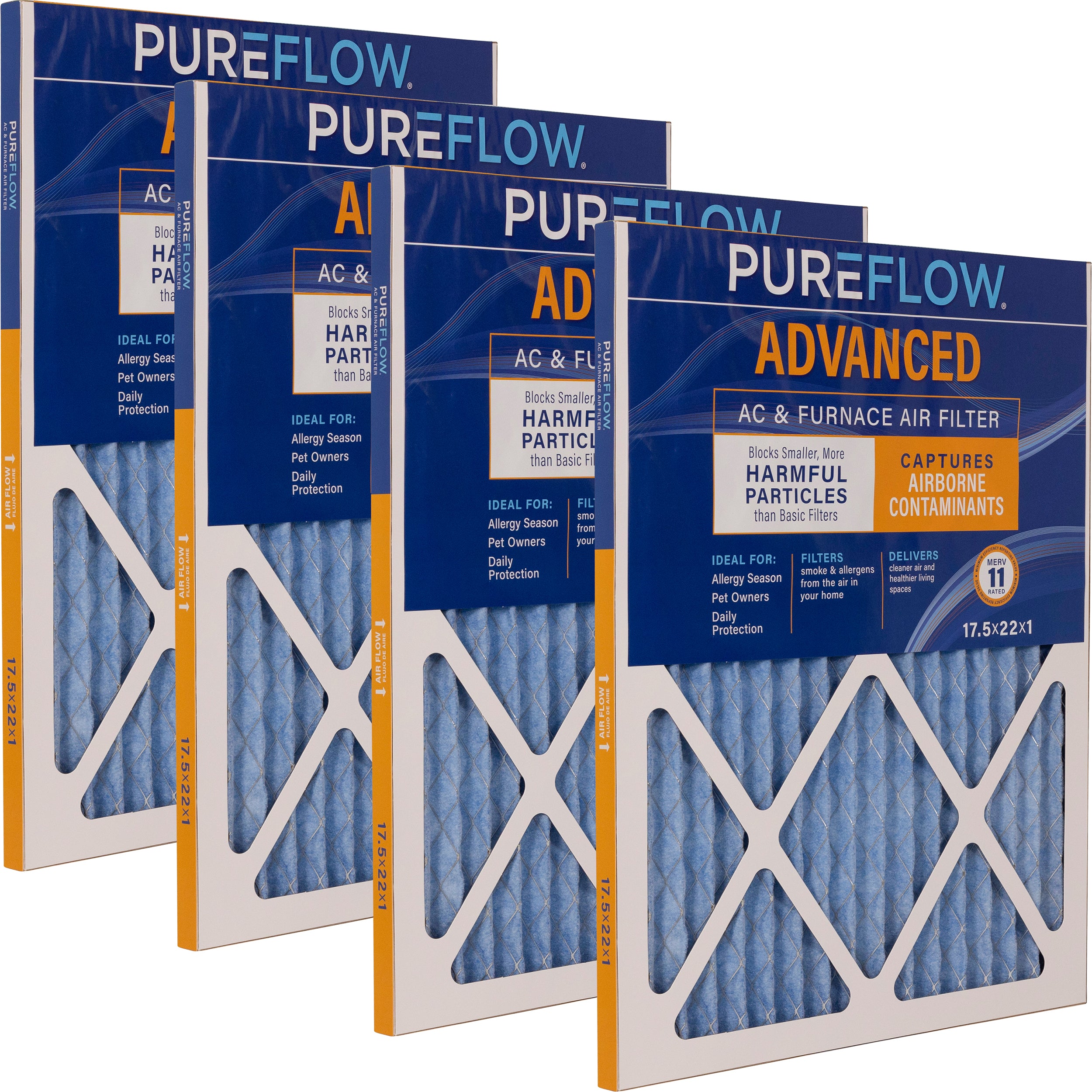 PUREFLOW Home Air Filter MERV 11, 17.5x22x1 Furnace Filter, 4 Layer High Efficiency Filtration for Dust, Smoke, Fumes, Pollutants (4 - Pack)