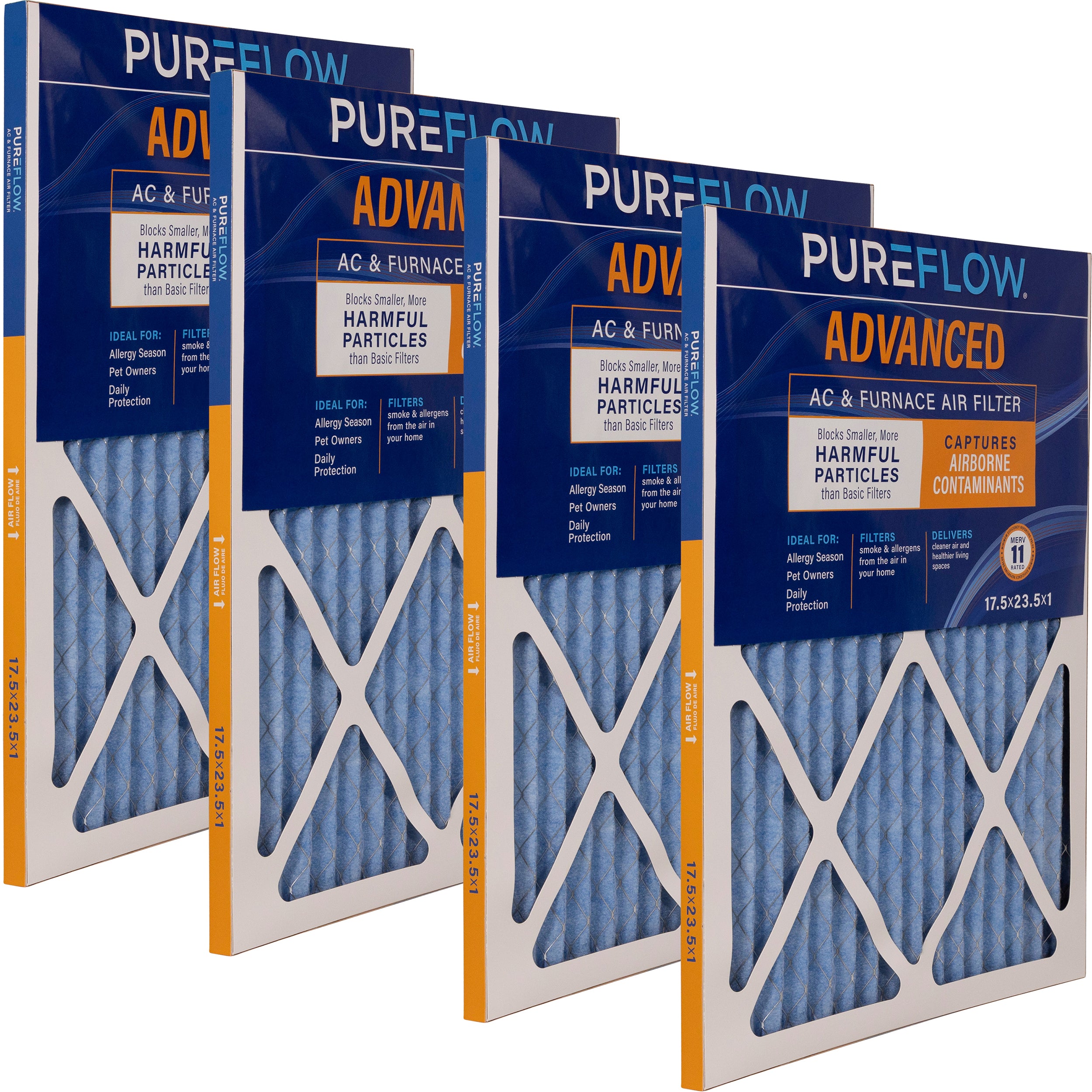 PUREFLOW Home Air Filter MERV 11, 17.5x23.5x1 Furnace Filter, 4 Layer High Efficiency Filtration for Dust, Smoke, Fumes, Pollutants (4 - Pack)