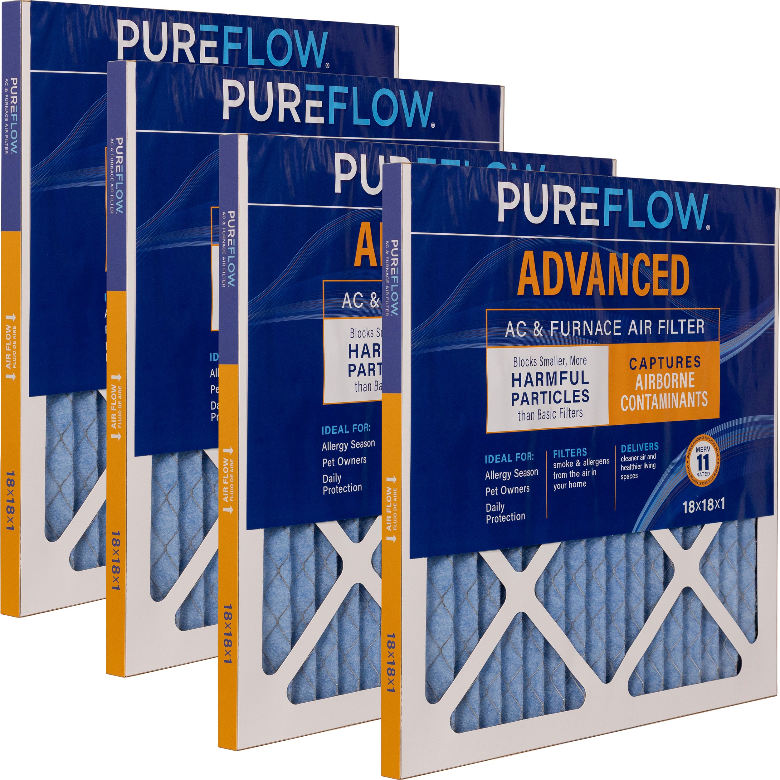 PUREFLOW Home Air Filter MERV 11, 18x18x1 Furnace Filter, 4 Layer High Efficiency Filtration for Dust, Smoke, Fumes, Pollutants (4 - Pack)