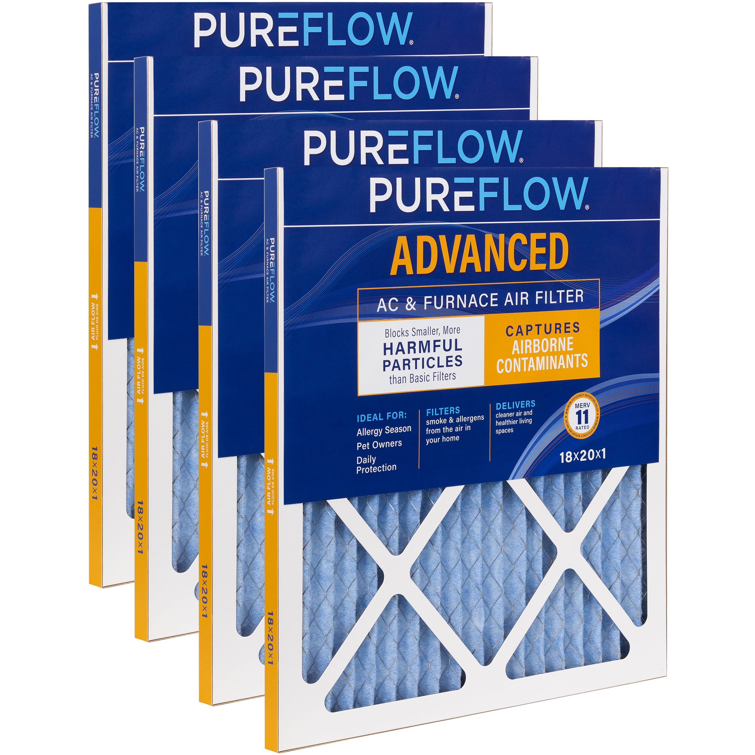 PUREFLOW Home Air Filter MERV 11, 18x20x1 Furnace Filter, 4 Layer High Efficiency Filtration for Dust, Smoke, Fumes, Pollutants (4 - Pack)