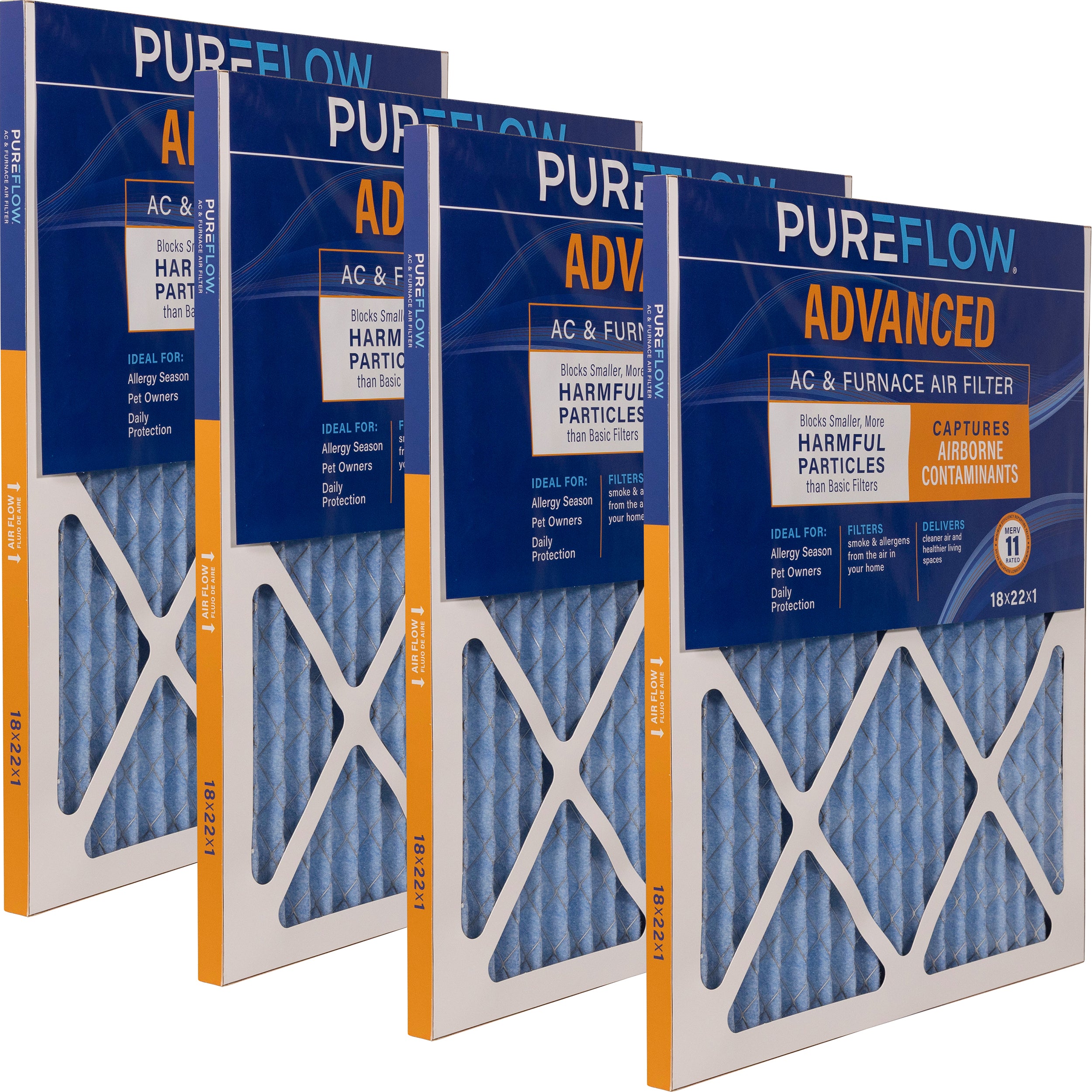 PUREFLOW Home Air Filter MERV 11, 18x22x1 Furnace Filter, 4 Layer High Efficiency Filtration for Dust, Smoke, Fumes, Pollutants (4 - Pack)