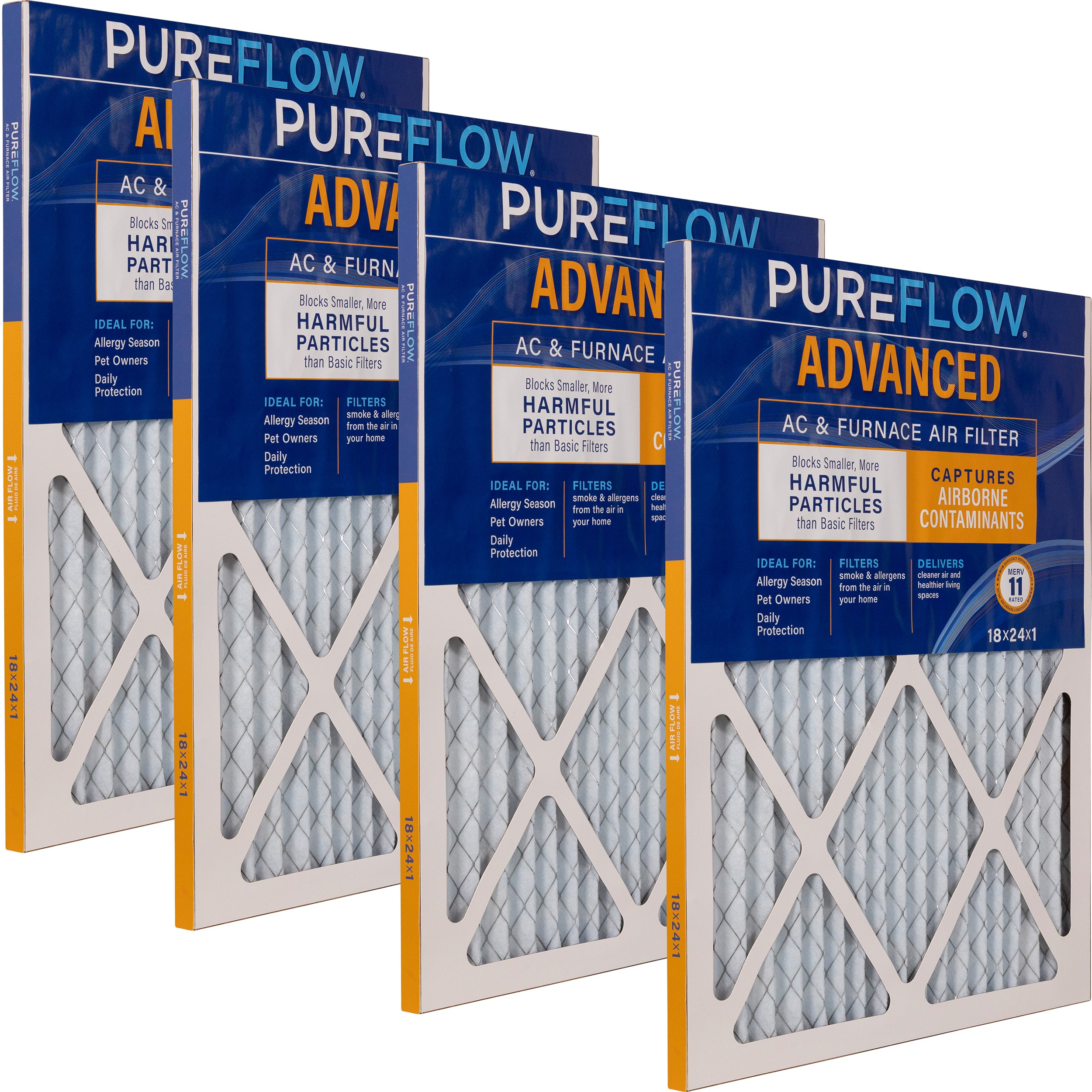 PUREFLOW Home Air Filter MERV 11, 18x24x1 Furnace Filter, 4 Layer High Efficiency Filtration for Dust, Smoke, Fumes, Pollutants (4 - Pack)