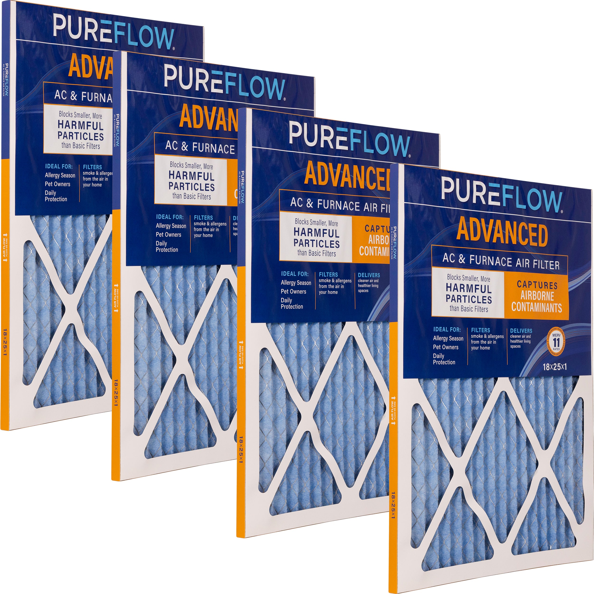 PUREFLOW Home Air Filter MERV 11, 18x25x1 Furnace Filter, 4 Layer High Efficiency Filtration for Dust, Smoke, Fumes, Pollutants (4 - Pack)