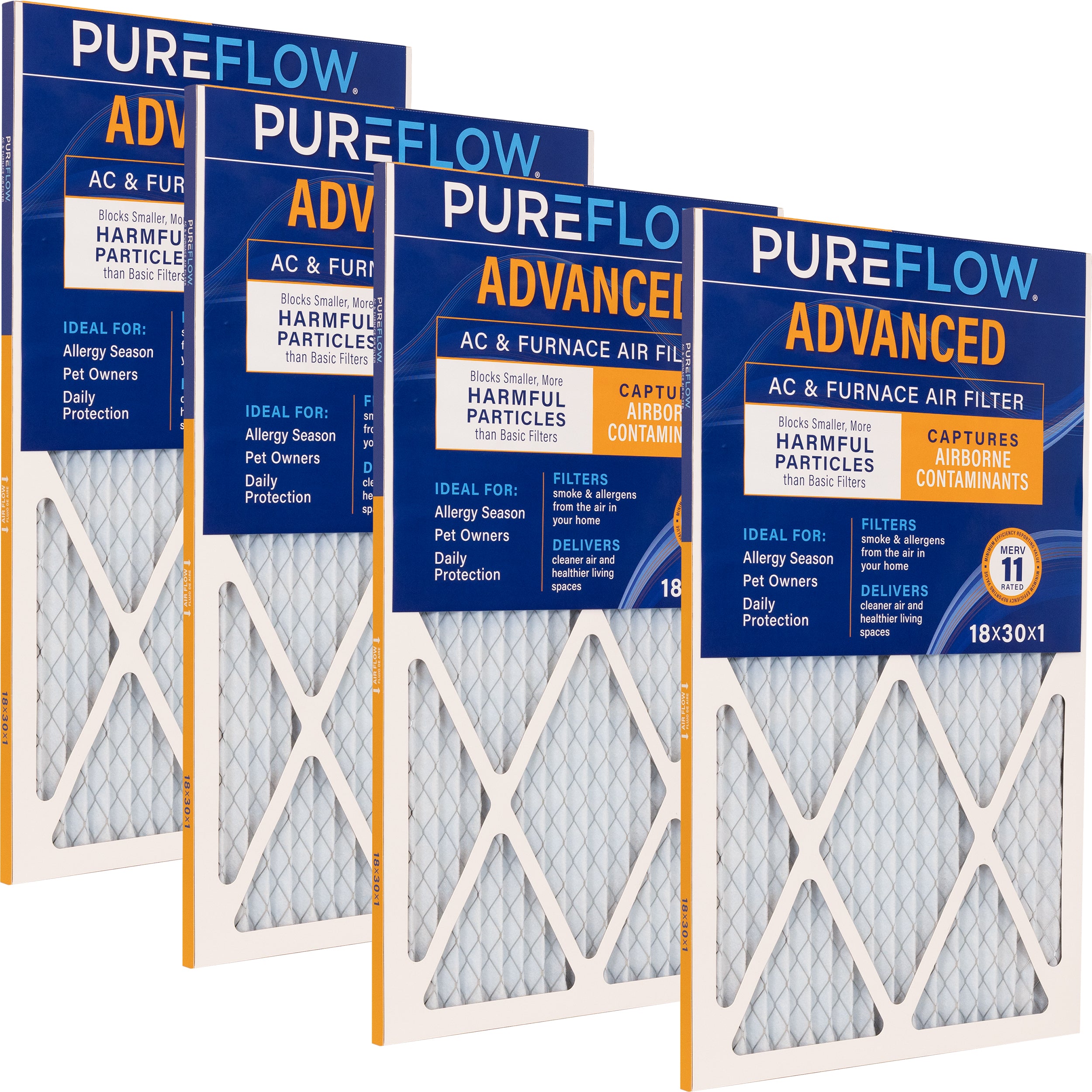 PUREFLOW Home Air Filter MERV 11, 18x30x1 Furnace Filter, 4 Layer High Efficiency Filtration for Dust, Smoke, Fumes, Pollutants (4 - Pack)