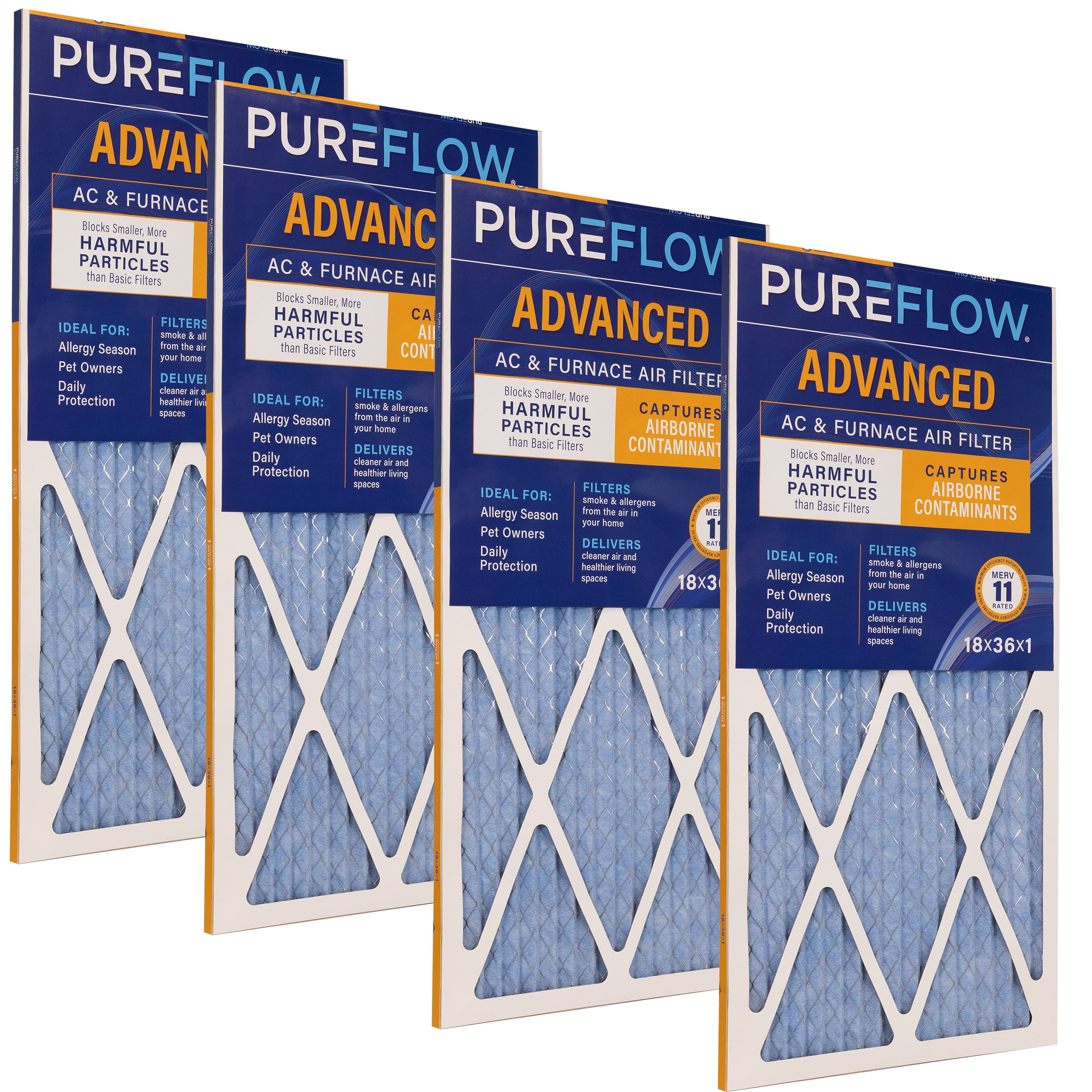 PUREFLOW Home Air Filter MERV 11, 18x36x1 Furnace Filter, 4 Layer High Efficiency Filtration for Dust, Smoke, Fumes, Pollutants (4 - Pack)