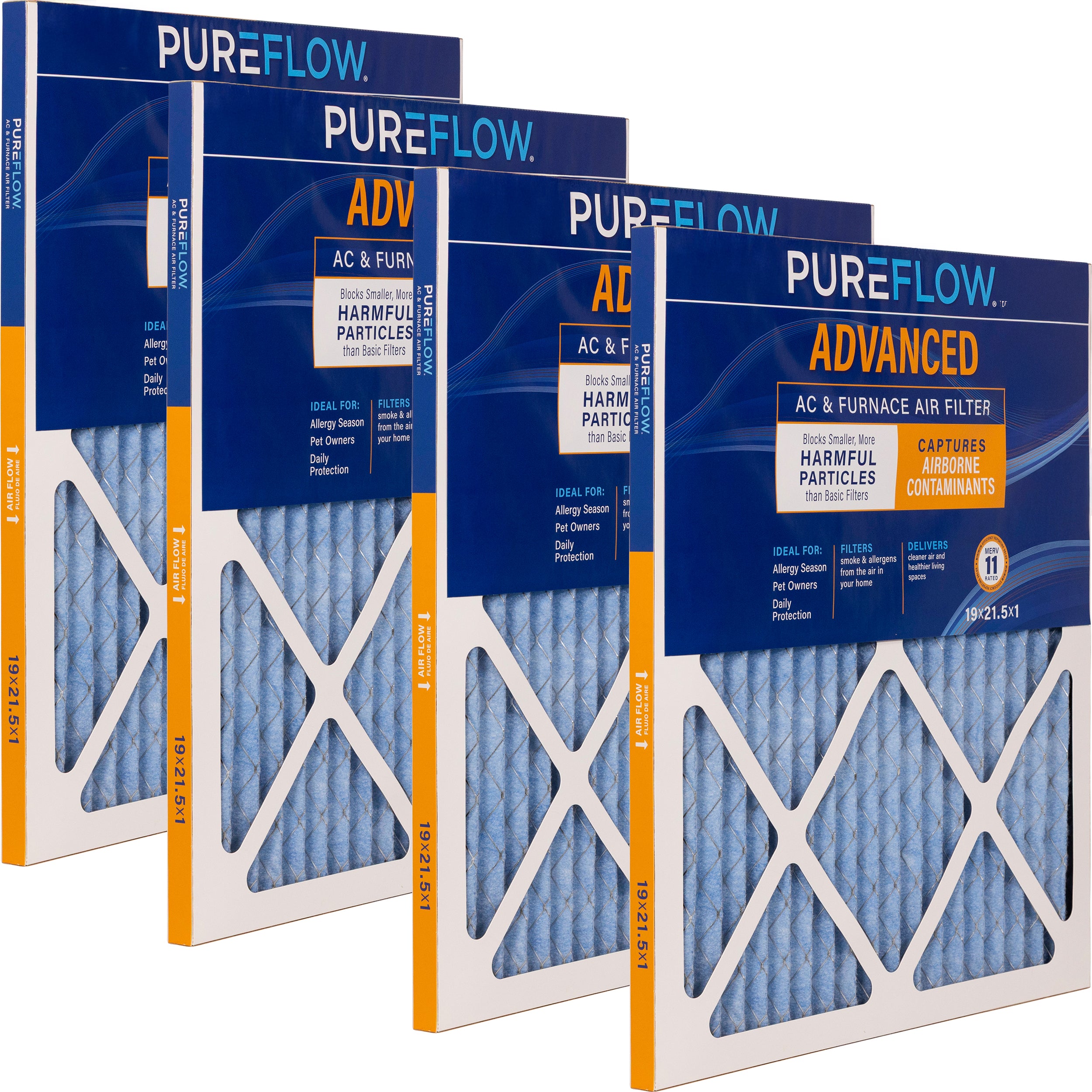 PUREFLOW Home Air Filter MERV 11, 19x21.5x1 Furnace Filter, 4 Layer High Efficiency Filtration for Dust, Smoke, Fumes, Pollutants (4 - Pack)