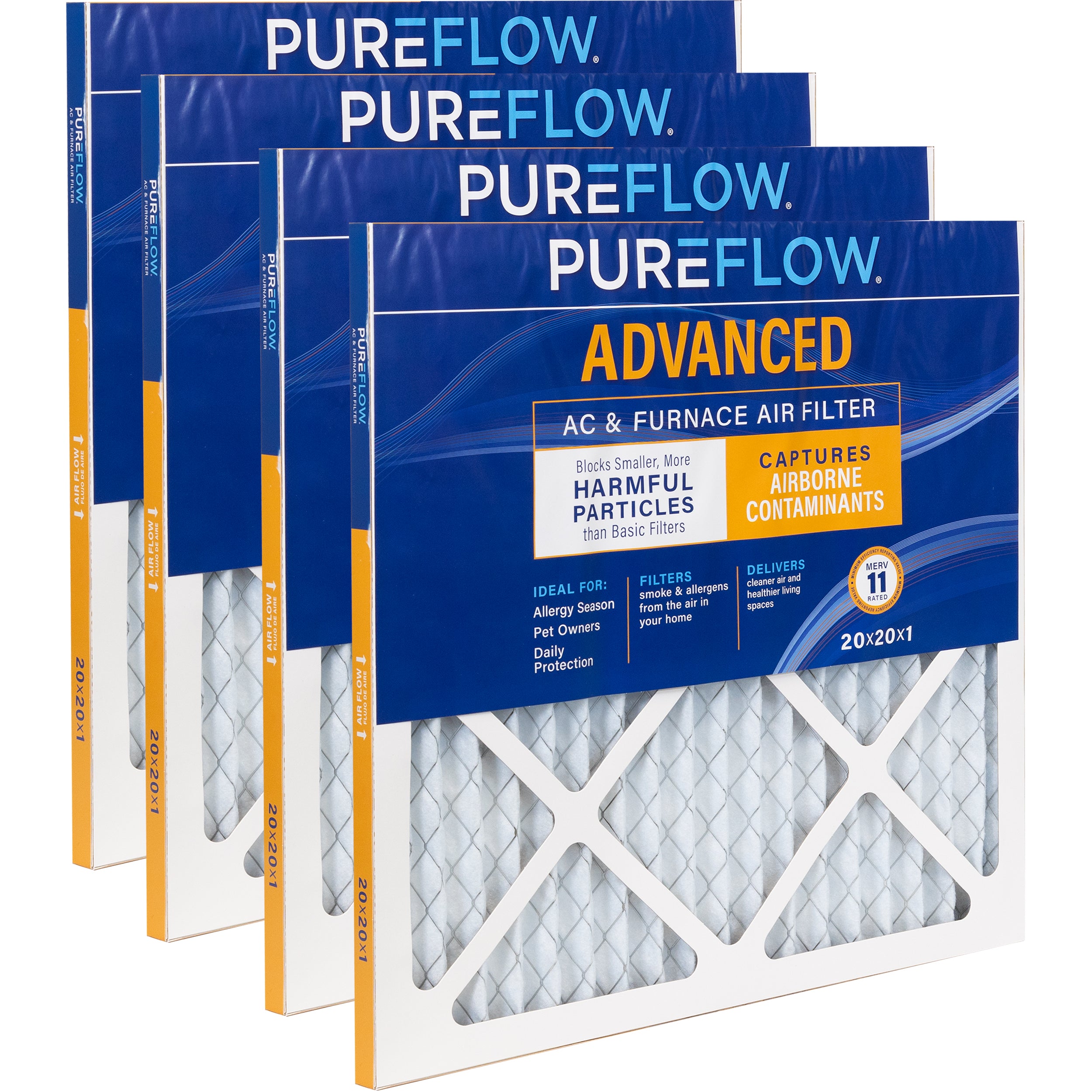 PUREFLOW Home Air Filter MERV 11, 20x20x1 Furnace Filter, 4 Layer High Efficiency Filtration for Dust, Smoke, Fumes, Pollutants (4 - Pack)