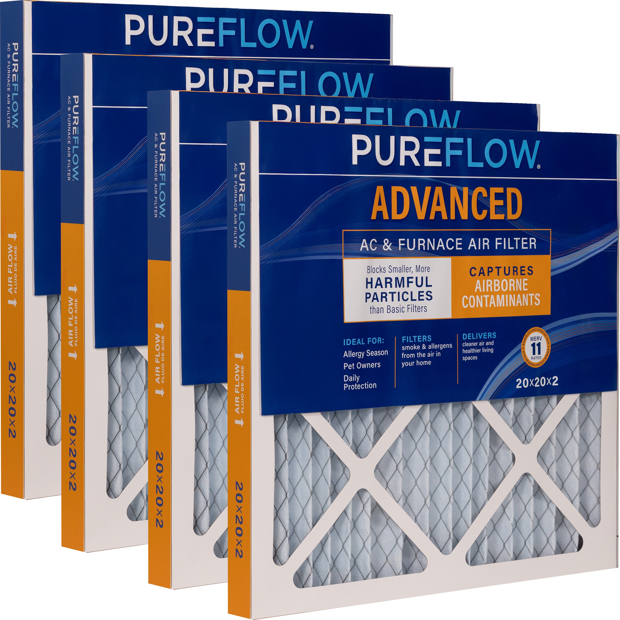 PUREFLOW Home Air Filter MERV 11, 20x20x2 Furnace Filter, 4 Layer High Efficiency Filtration for Dust, Smoke, Fumes, Pollutants (4 - Pack)