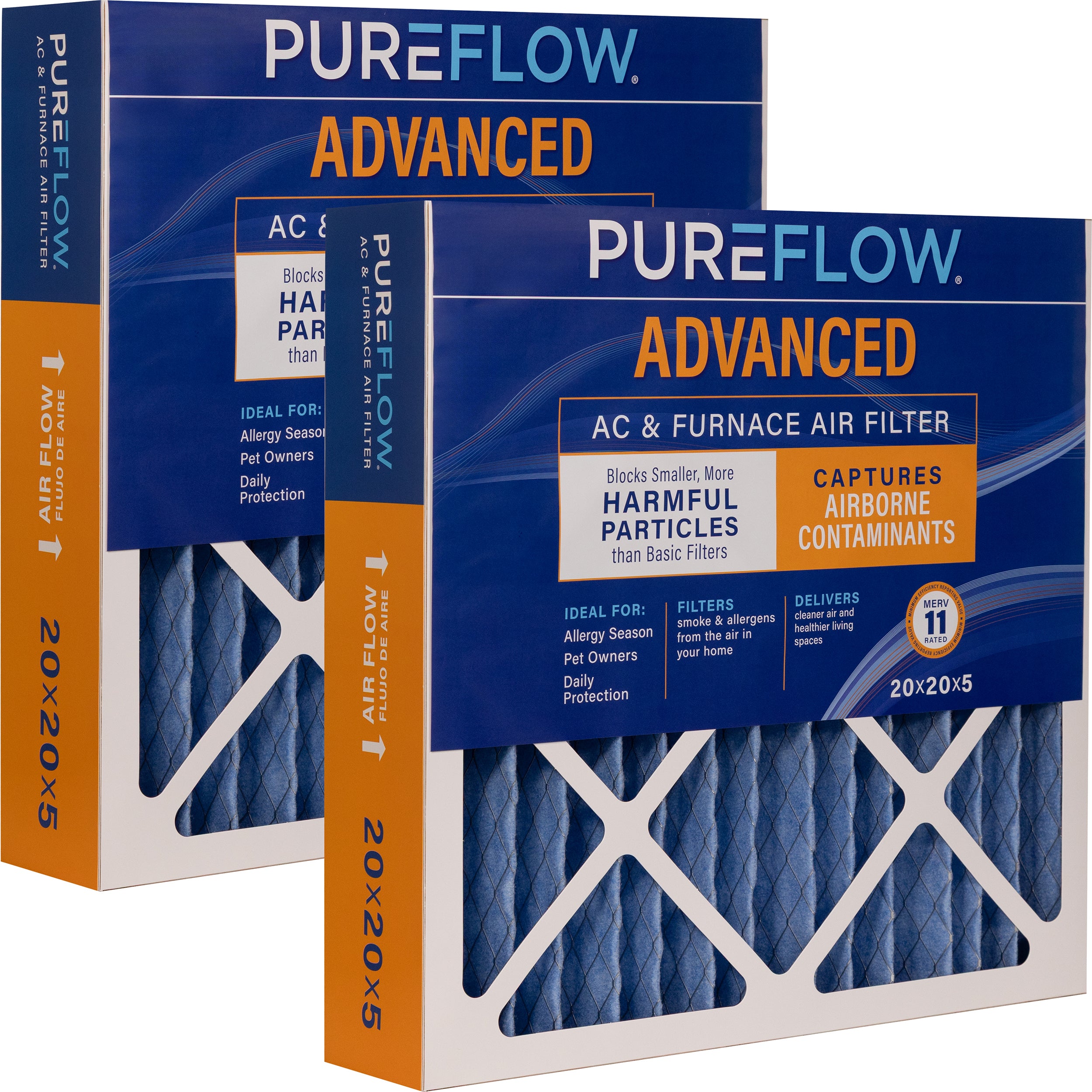 PUREFLOW Home Air Filter MERV 11, 20x20x5 Furnace Filter, 4 Layer High Efficiency Filtration for Dust, Smoke, Fumes, Pollutants (2 - Pack)